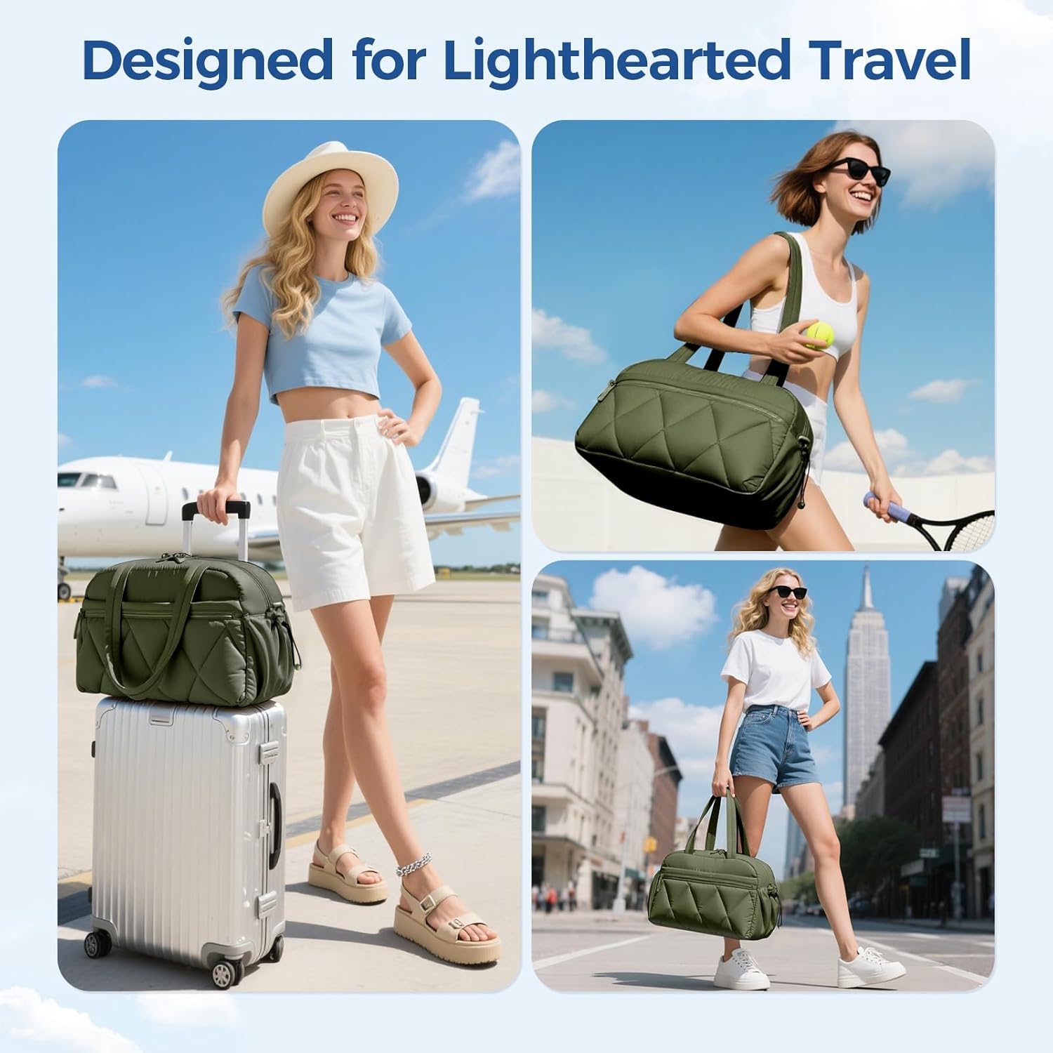 Lekespring Gym Bag for Women, Puffer Travel Duffle Bag with Shoes Compartment & Wet Pocket, Carry on Tote Bag for Weekender, Overnight, Sport, Green, Medium, Lightweight image number 4