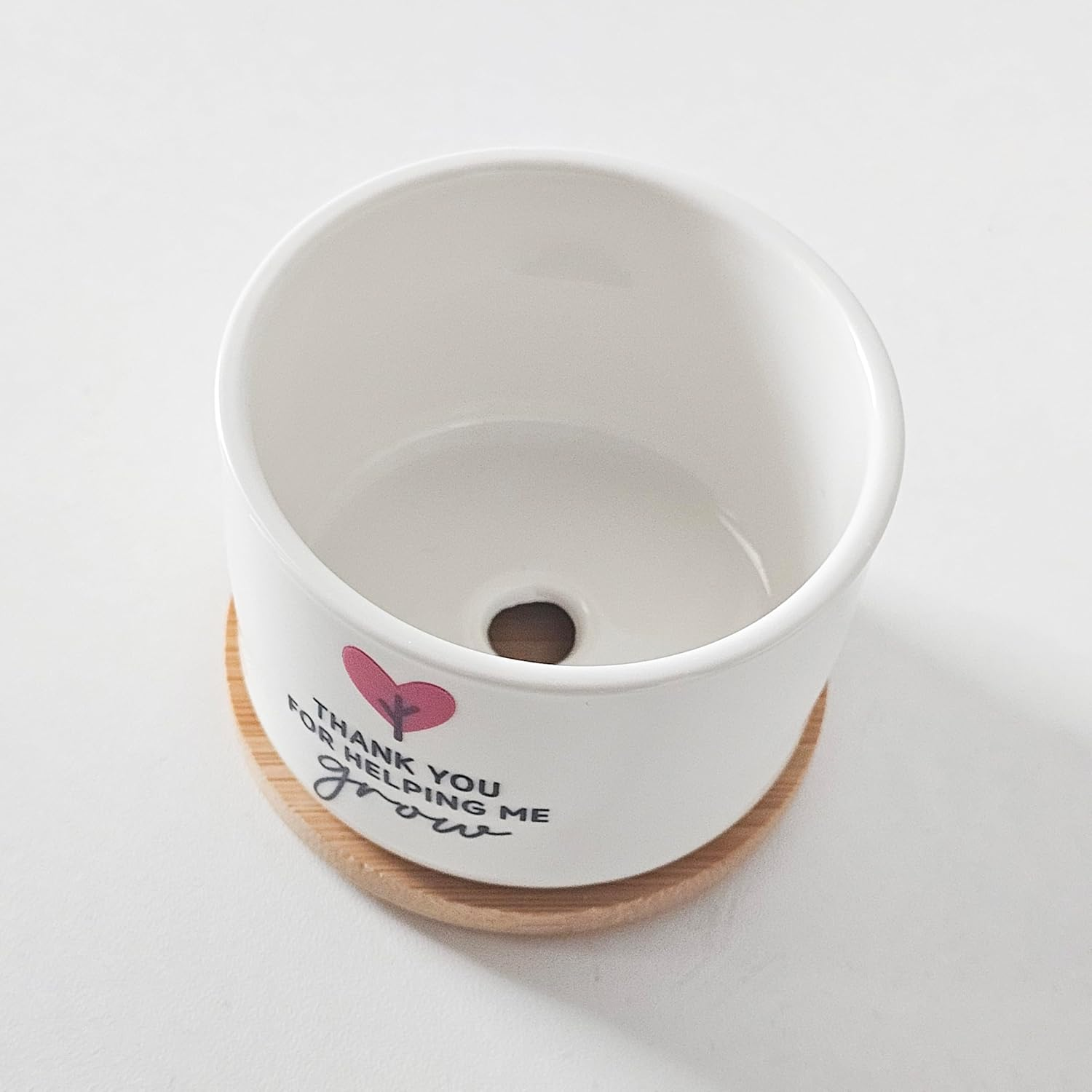 Ceramic Planter Pot with Bamboo Saucer, Thank You for Helping Me Grow Heart Design, Ideal for Succulents, Cacti, and Mini Plants, Teacher Gift
