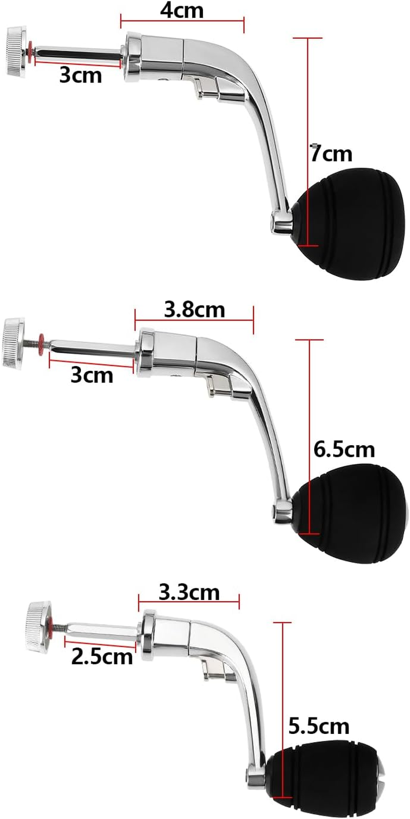 3PCS Fishing Reel Handle Aluminum Alloy with EVA Knob Fishing Spinning Reel Handle for 1000-7000 Series Spinning Reel 3 Size Silver