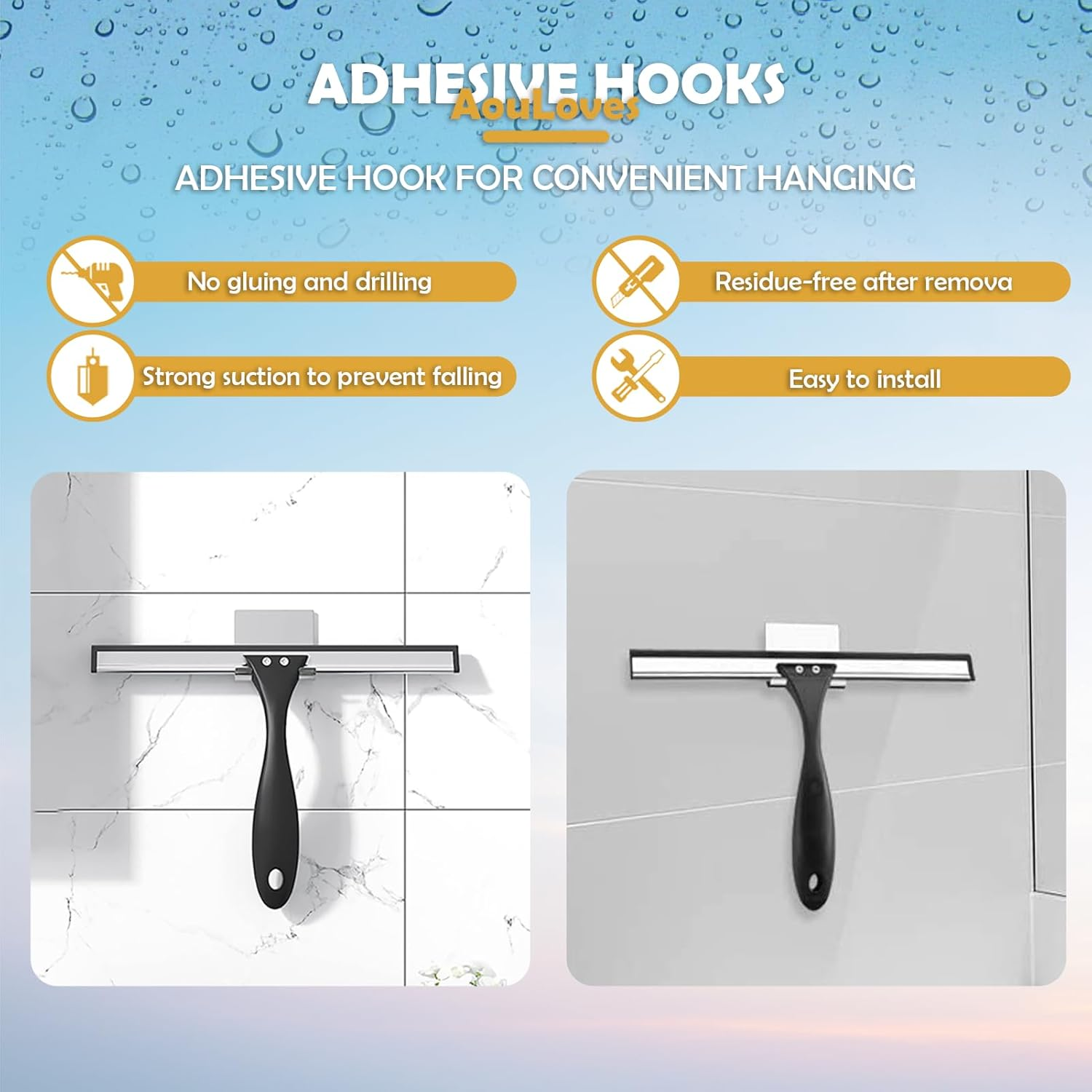 Aouloves Shower Squeegee for Bathroom Glass Doors,Rubber Window Cleaner Squeegee,All-Purpose with Hook Doors, Windows, Mirrors,Tiles and Car Glass, 10 Inches (10-Inch, Black) 10In - White image number 2