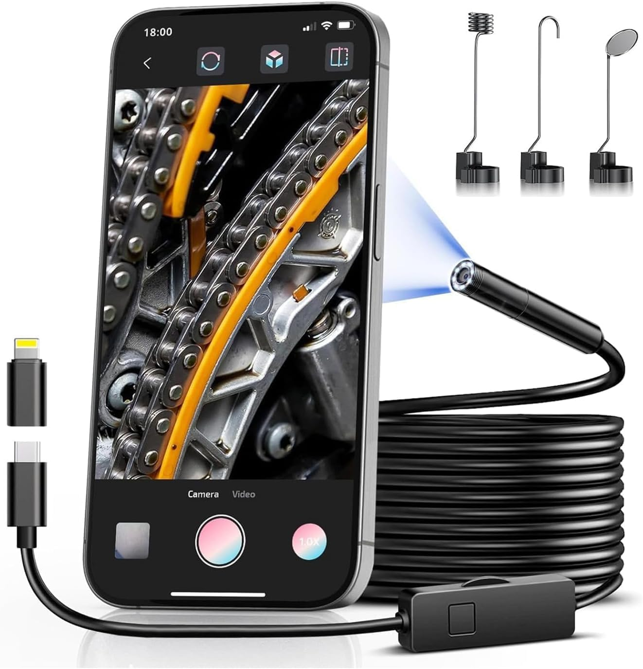 Deraweey Endoscope Camera with Light, Industrial Endoscope, 8Mm 1920P HD IP67 Waterproof Borescope with 8 Adjustable LED Lights, Inspection Camera for Iphone, Ipad and Android Devices（16.5Ft） image number 3