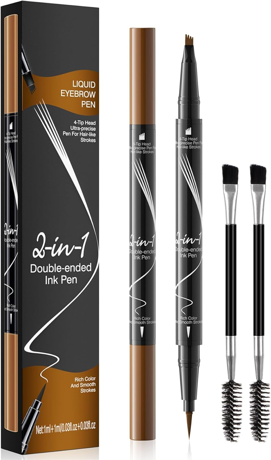 Microblading Eyebrow Pen - Waterproof 2-In-1 Dual-Ended Eye Brow Pen with 9-Fork-Tip Brow Pen and Precise Brush Create Natural Looking Defined Eyebrows Last All Day