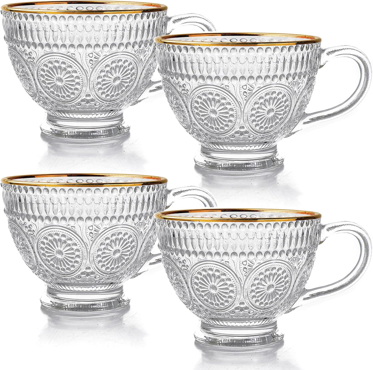 Blissora Large Embossed Tea Cup, Valentines Ribbed Coffee Mug Sets Pack of 2/4/6 for Cereal Cappuccino Dessert, Crystal Friend Mum Gift (Gold Rim, 4 Pack) - 4, Gold Rim image number 3