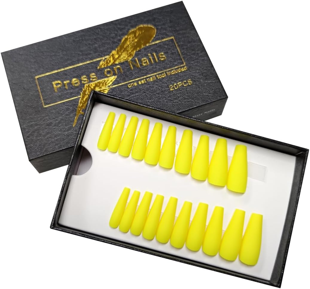Press on Nails Fake Long Coffin Nail Tips Yellow Matte 20 Pcs image number 4