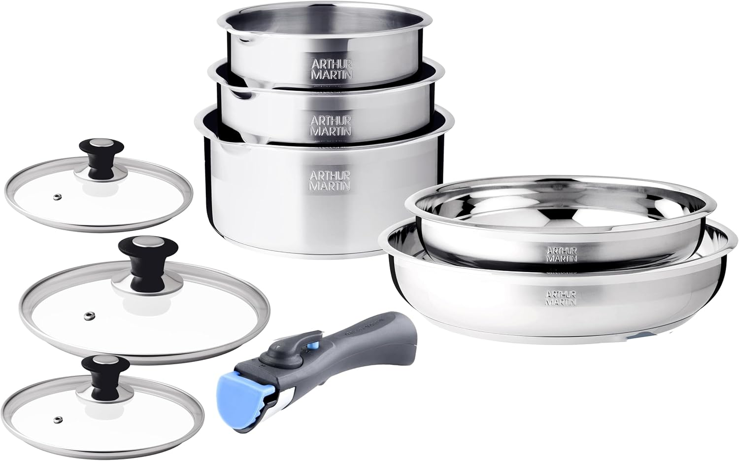 Arthur Martin, 10 Piece Stainless Steel Kitchen Set - 2 Frying Pans (24-26Cm), 3 Pots (16-18-20Cm), 3 Glass Lids, 1 Nylon Utensil, All Induction Heat Sources, Practical and Ergonomic image number 1