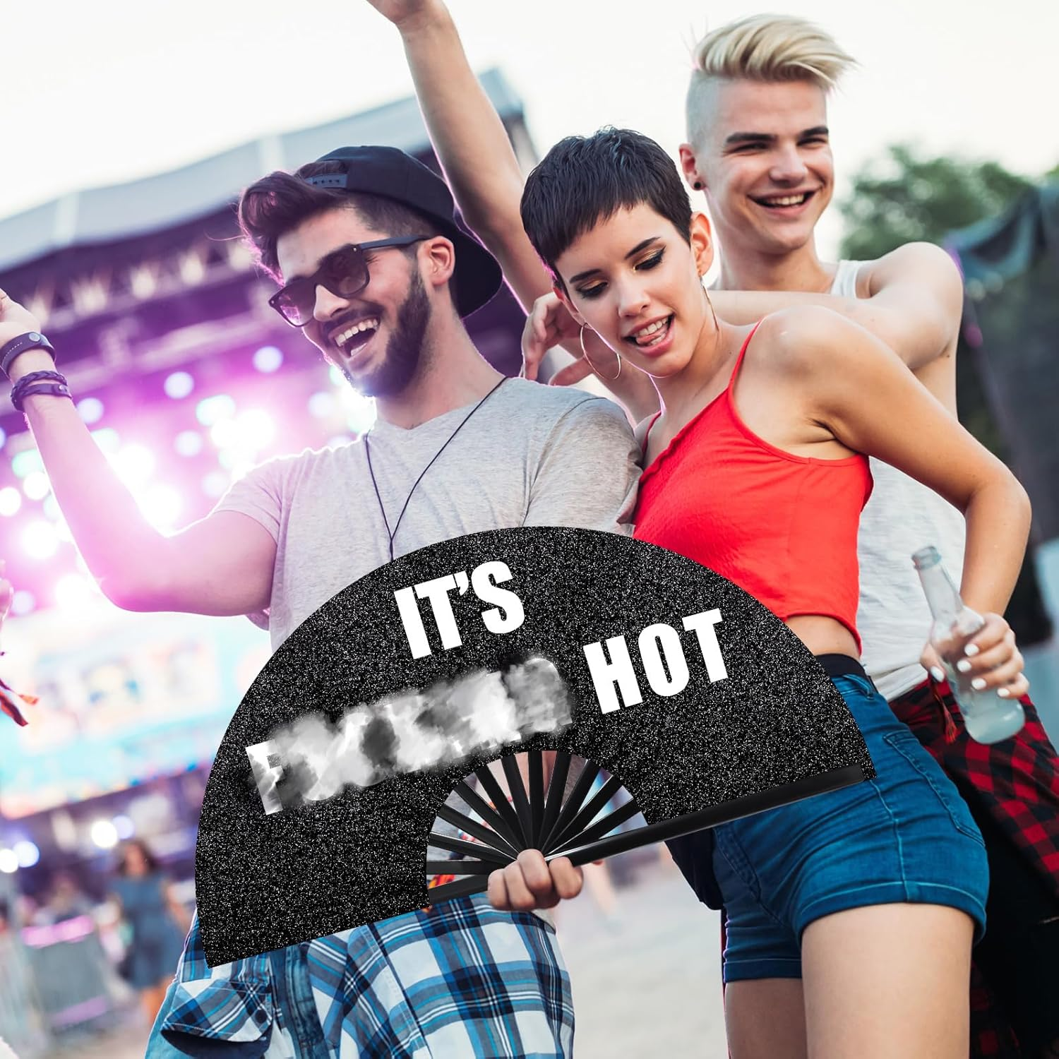 Ripeng 13'' Large Folding Fans for Line Dancing Glitter Large Rave Hand Fan Boots on the Ground Clack Rave Fan for Women with Leg Strap and Fabric Case Bag for Edm Music Party Decor(Black,Cool) image number 6