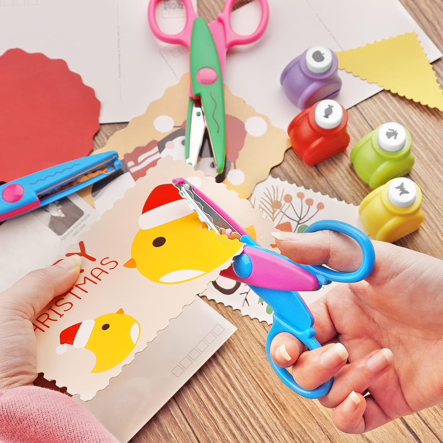 Decorative Scissors for Kids - Craft Set with Various Interesting Patterns, Safe and Smooth Cutting - 6 Scrapbook Scissors and 6 Paper Punches, Set of 12, Funny and Colorful