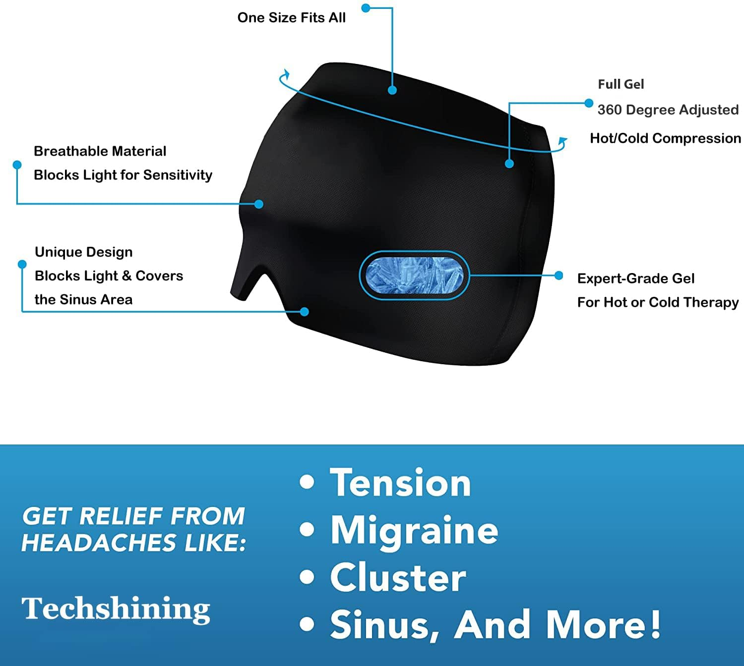 Techshining Migraine Cap Gel Ice Pack for Alleviating Headache, Puffy Eyes, Tension, Sinus, Stress, Cold and Hot Head Wrap for Easing Pain image number 6