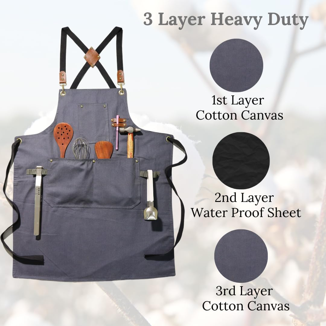 Heavy Duty Cotton Apron for Men & Women| Suitable for Home Kitchen | Triple Layer Waterproof Apron | Adjustable Strap for Chefs, Painters and Many More image number 3