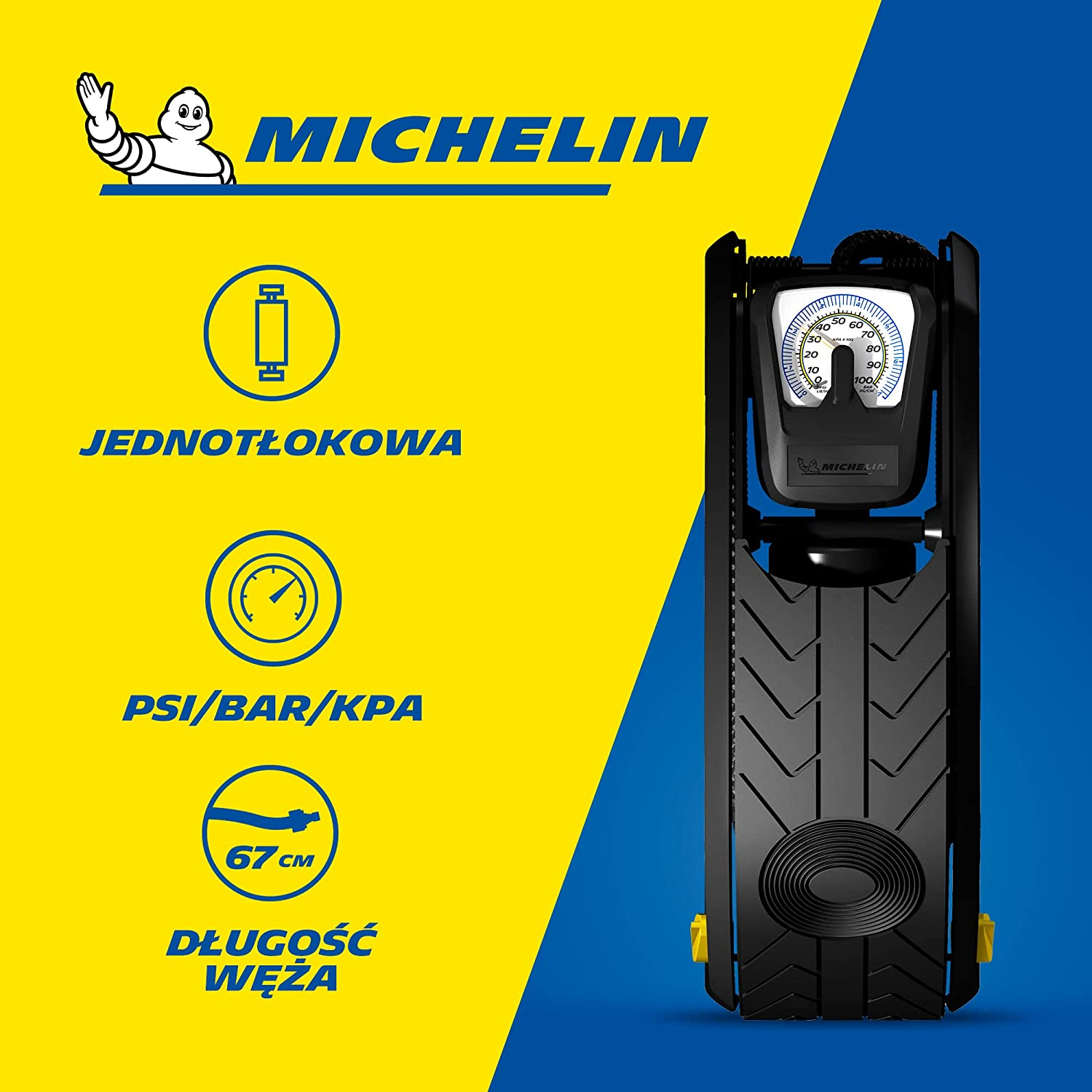 MICHELIN Single Barrel Analogue Tyre Foot Pump with Gauge Accuracy up to +/- 1 PSI, Dual Display PSI and BAR & Snap-In Adaptor Storage (12204), Black image number 2