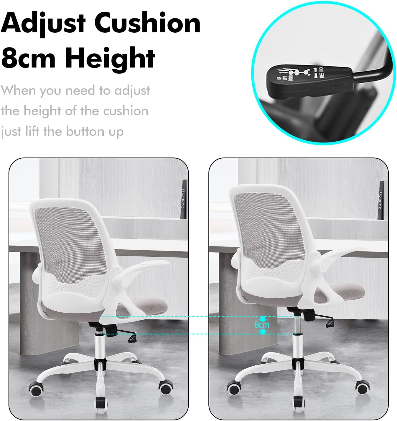 KERDOM Office Chair, Ergonomic Desk Chair, Breathable Mesh Computer Chair, Comfy Swivel Task Chair with Flip-Up Armrests and Adjustable Height (Kd933-C-Grey) image number 6