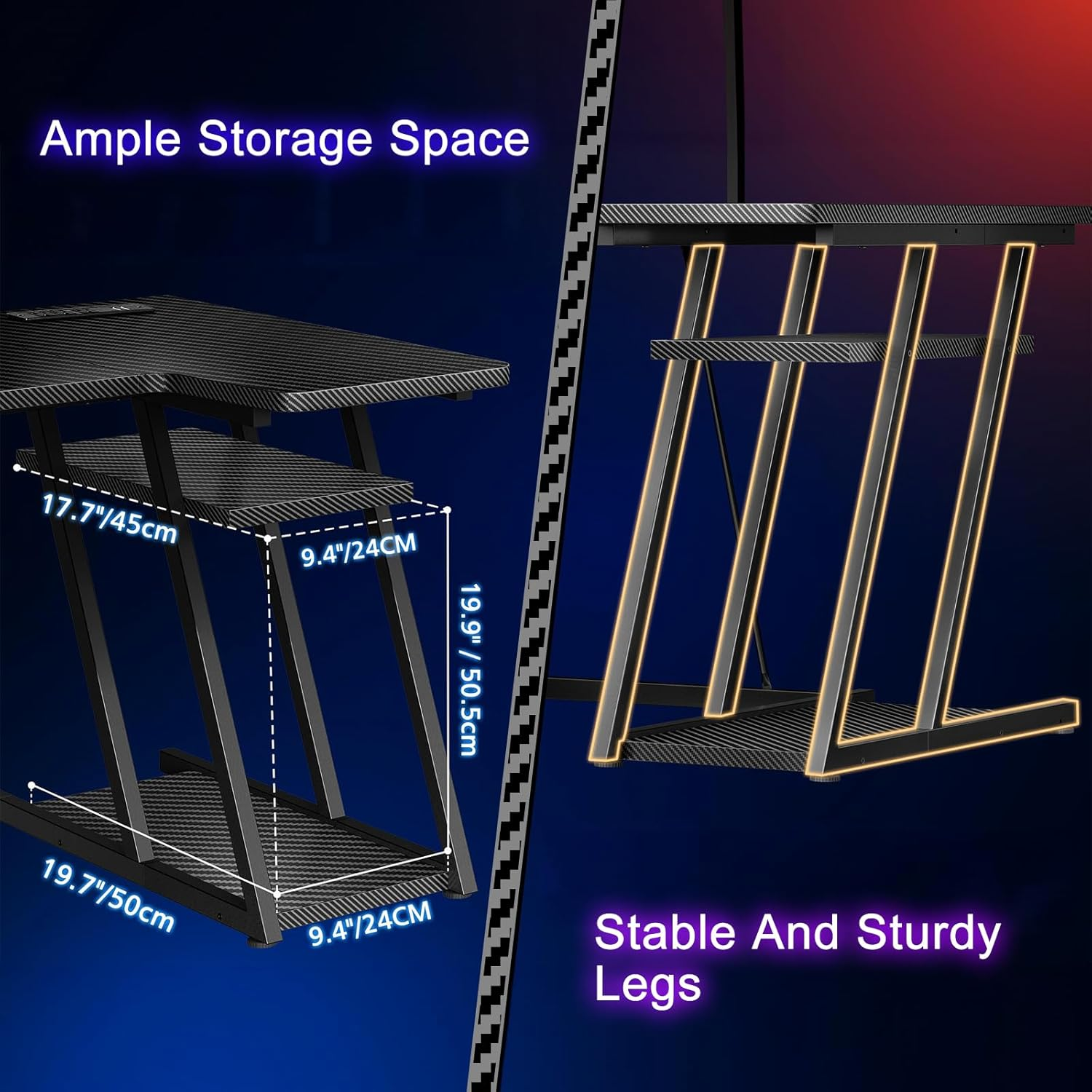 Gaming Desk with Power Outlet & 20 Color LED Light Strip,100 * 65 * 75Cm, L Shaped Corner Desk with Monitor Stand for Small Space, Computer Desk with Reversible Storage Shelves image number 4