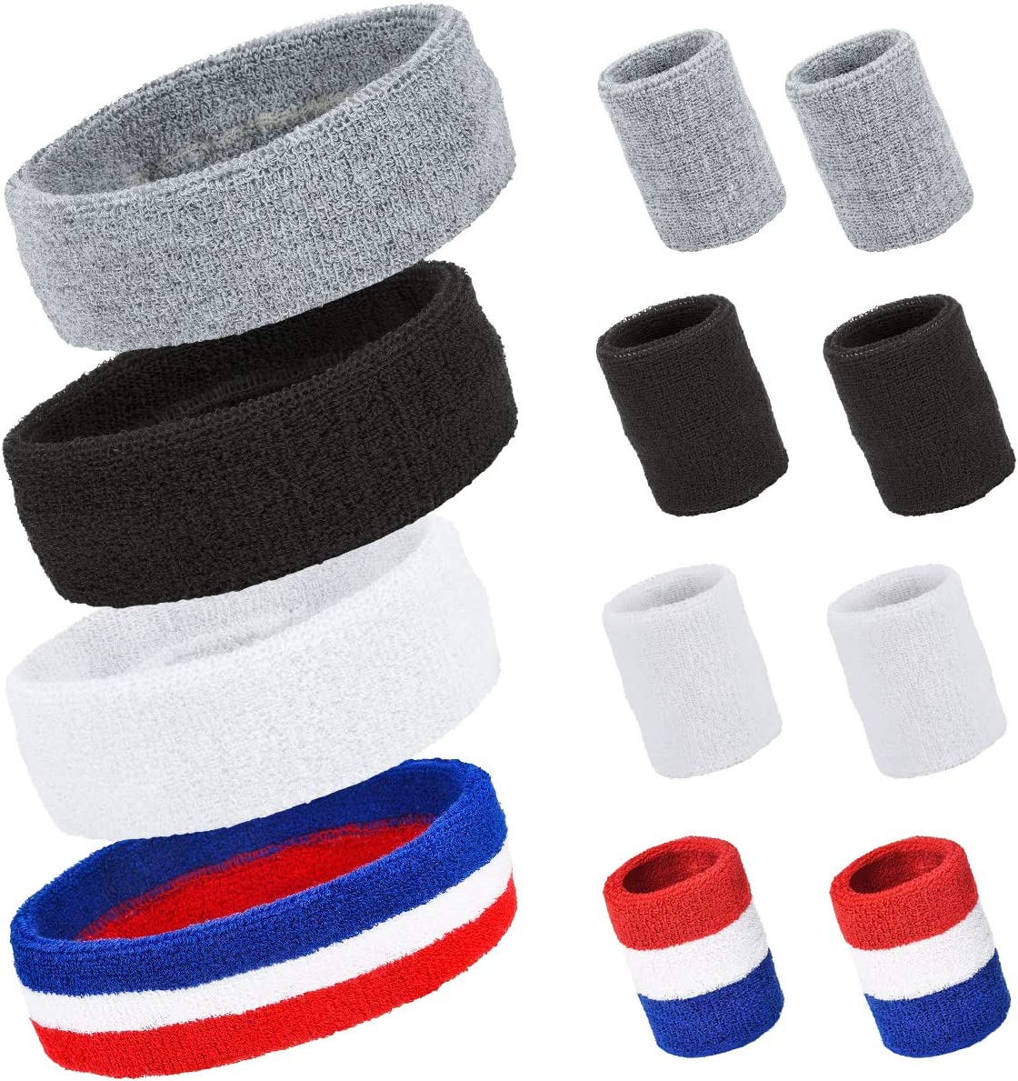 PAMASE Striped Sweatbands Set, Including Sports Headbands and Wristbands Cotton Sweat Band American Flag Style for Tennis Athletic Men Women