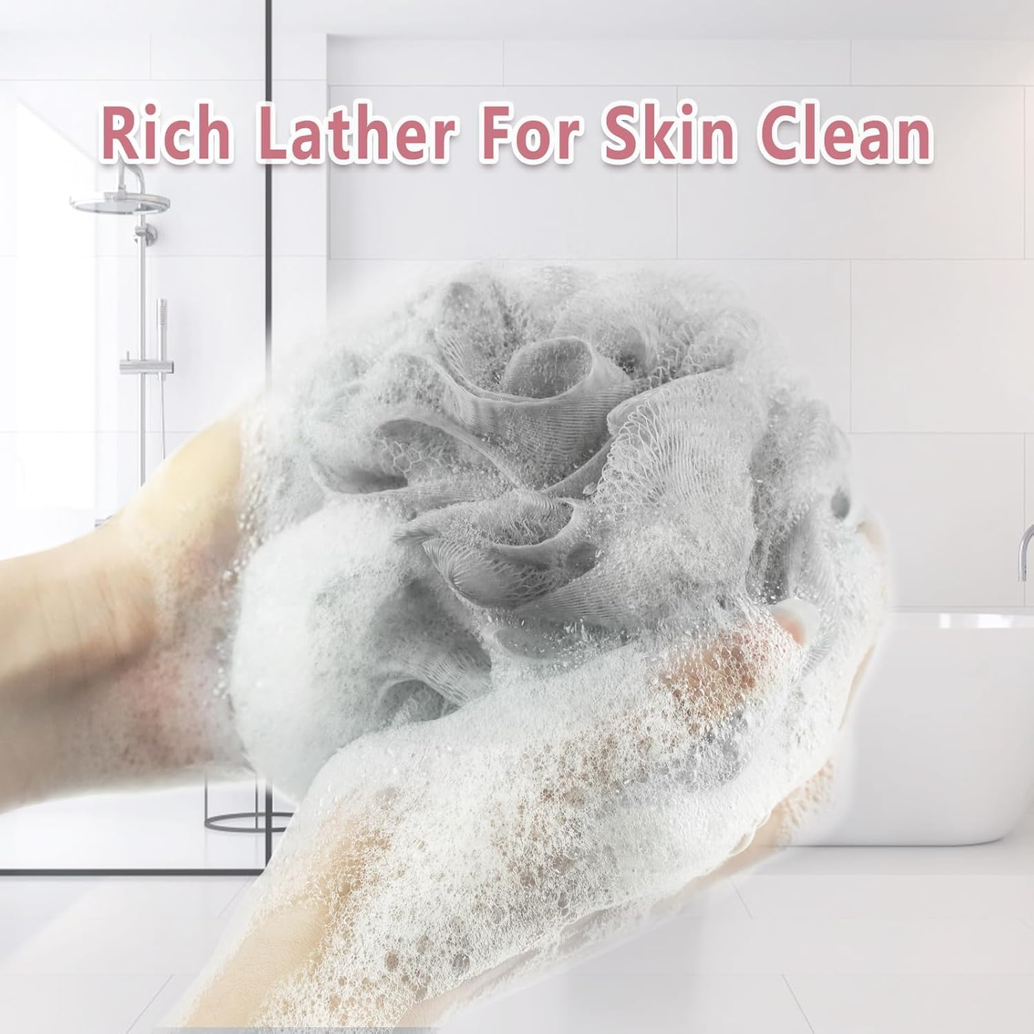 Shower Loofah Bath Sponge, 60G Loofah Exfoliating Body Scrubber, 4 Color Mesh Shower Pouf Balls for Body Wash (Ice Cream) image number 5