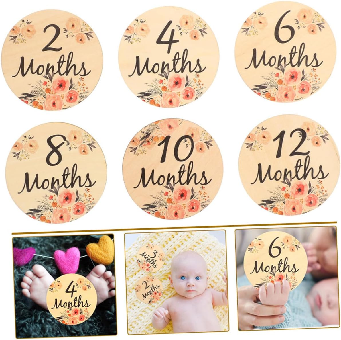 SECFOU 18Pcs High Contrast Wooden Milestone Discs for Newborn Photography Monthly Milestone Cards image number 4
