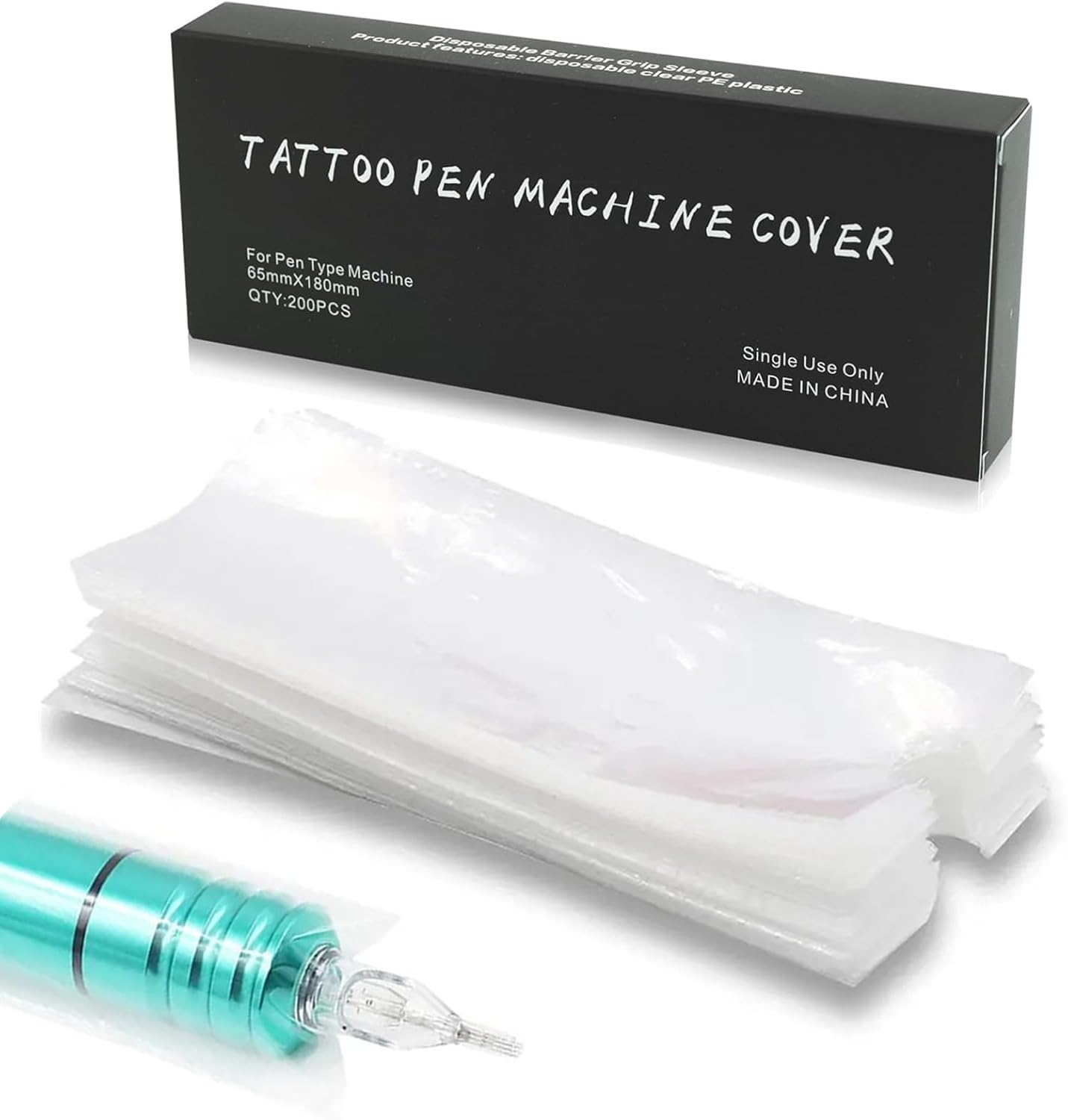 Large Machine Pen Covers with Grip Tape - Yuelong 200Pcs Blue Tattoo Pen Bags and 4Pcs Grip Wrap Kit Combination Machine Sleeves Bags Self-Adhesive Grip Covers Tattoo Supplies for Artist