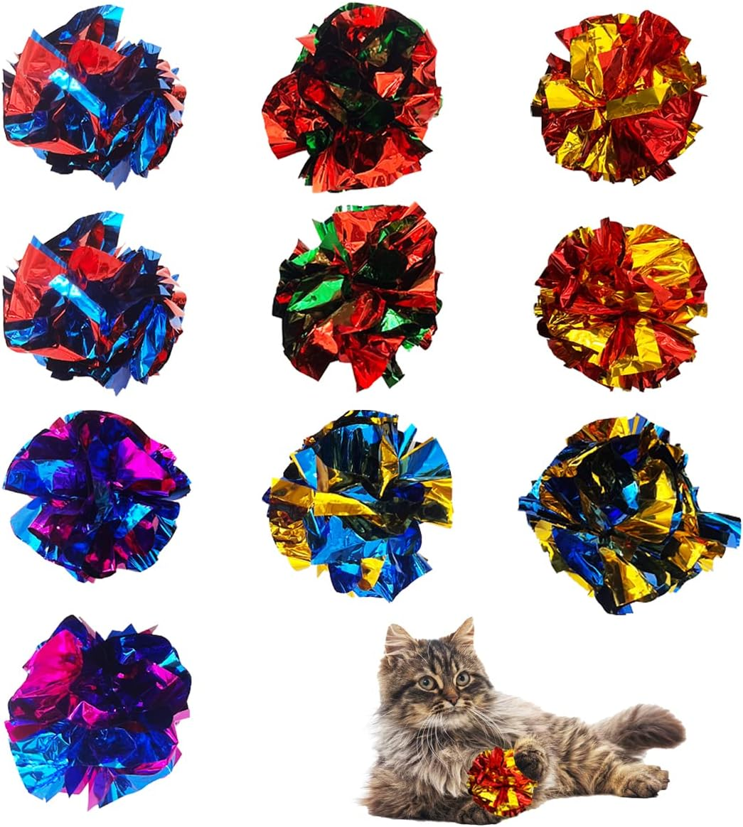 QUVOVID Cat Crinkle Ball Toys for Indoor Cats to Kill Time and Keep Fit, 2.3 Inch Colorful Mylar Crinkle Balls Attract Cats to Swat, Bite, Hunt, Interactive Toys for Cats and Kittens 10 Packs