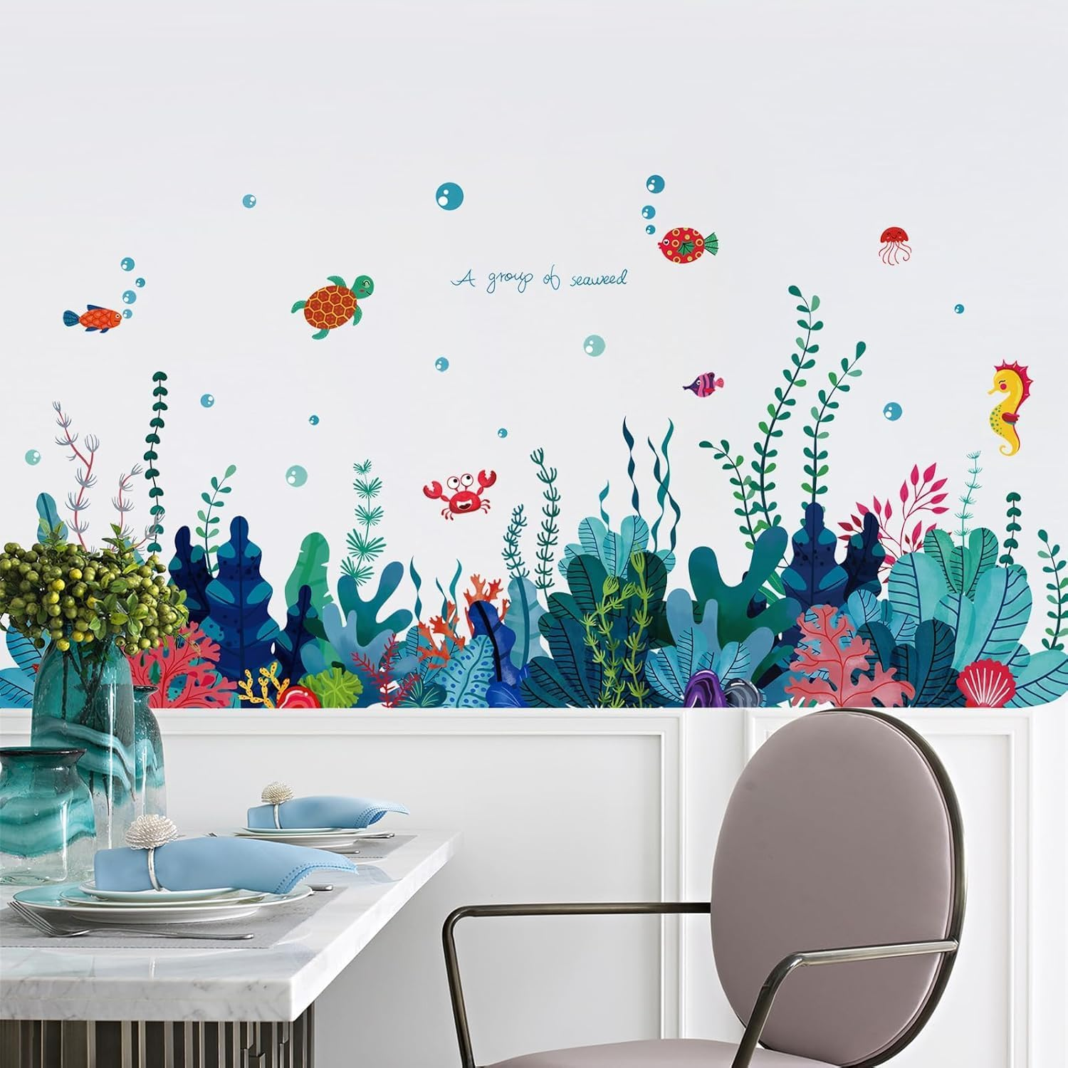 Creative Cartoon Removable 3D under the Sea World Nature Scenery Wall Stickers Ocean Grass Colorful Seaweed Baseboard Wall Decal for Wall Corner Nursery Room Bathroom Living Room image number 6