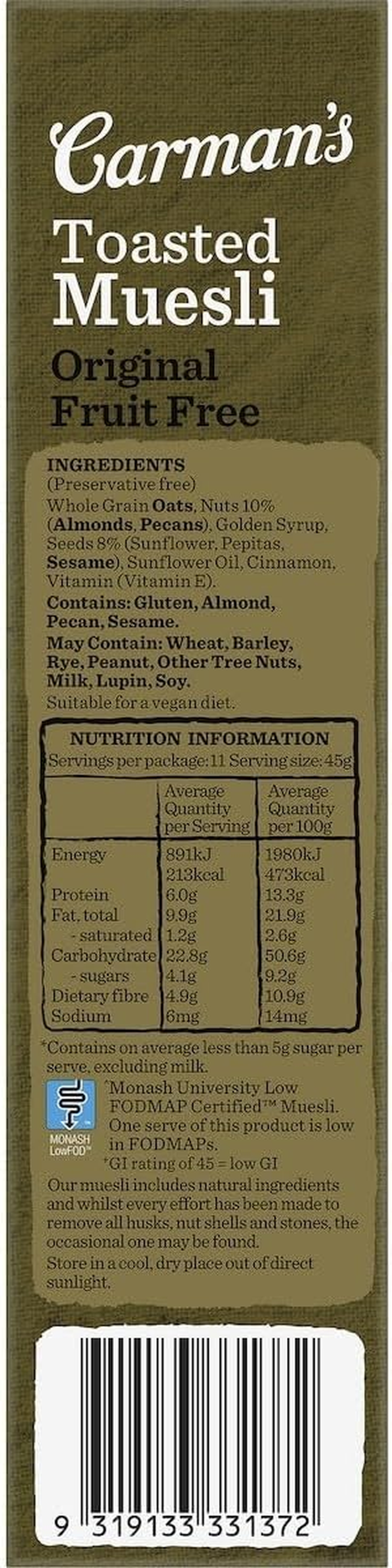 Carman'S Muesli Toasted Original Fruit Free 500G image number 2