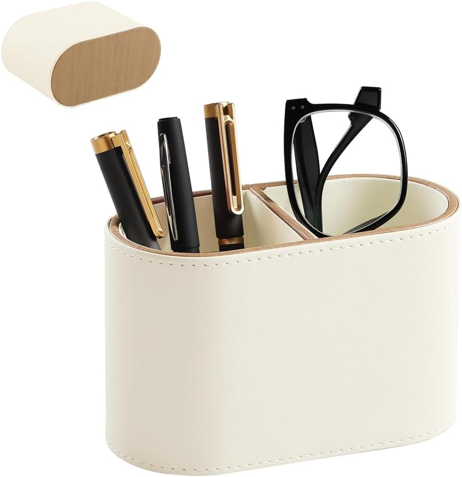PU Leather Pen Holder for Desk,2-Compartment Pencil Cups, Multifunctional Desk Organizer for Remotes, Pens, Make-Up, Office Accessories (White) image number 6