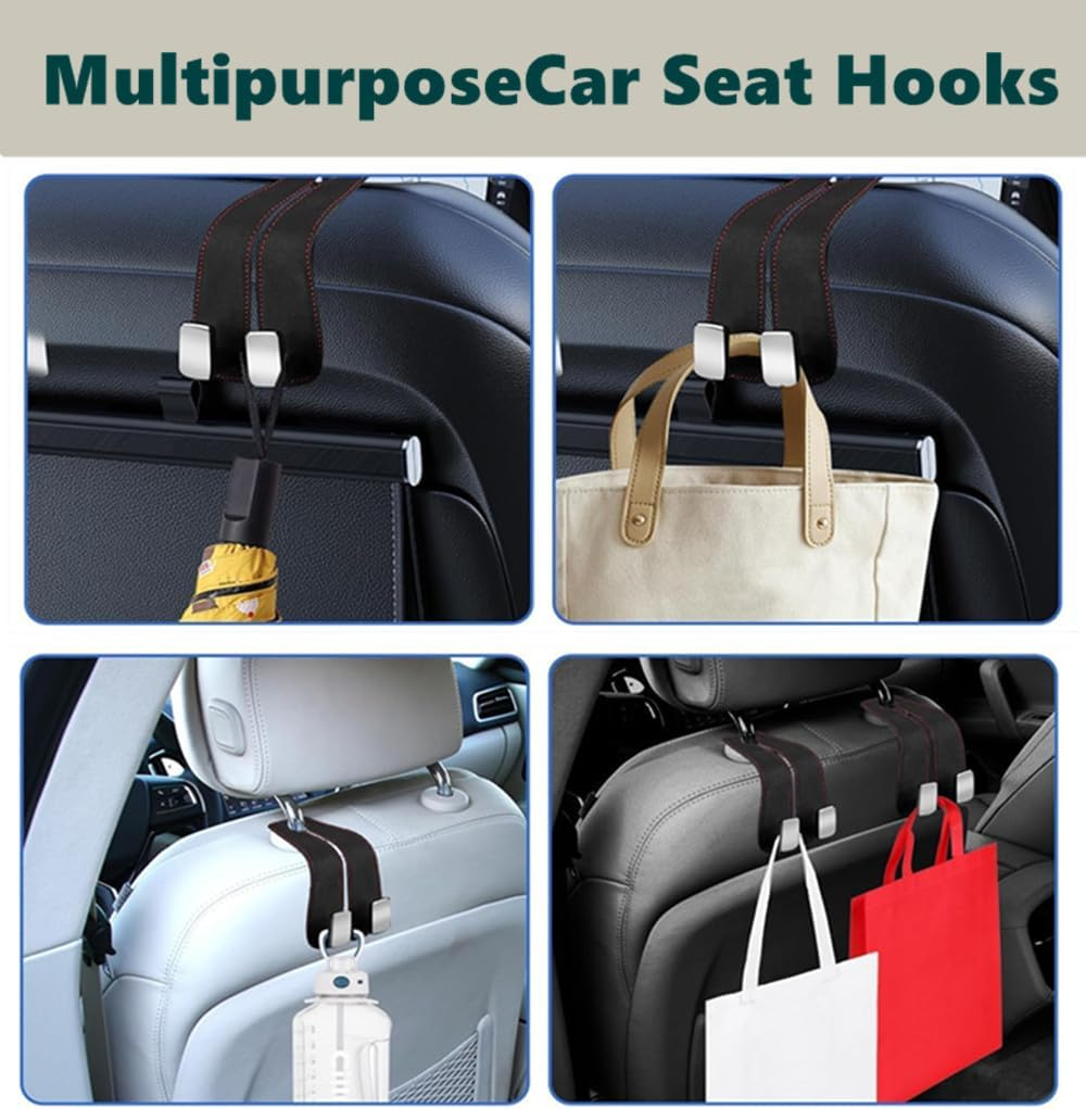 2 Pcs Leather Car Seat Headrest Double Hooks,Double Headrest Hooks Purse Holder & Mobile Phone Holder, Car Hanger Storage Car Seat Back Organizer for Bags, Purses, Handbags(Black) image number 2