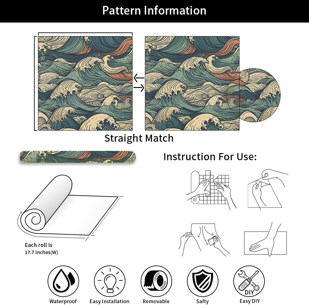 Muralpeel Vinatge Janpanese Sea Wave Blue/Yellow Mosaic Peel and Stick Wallpaper Self Adhesive image number 5