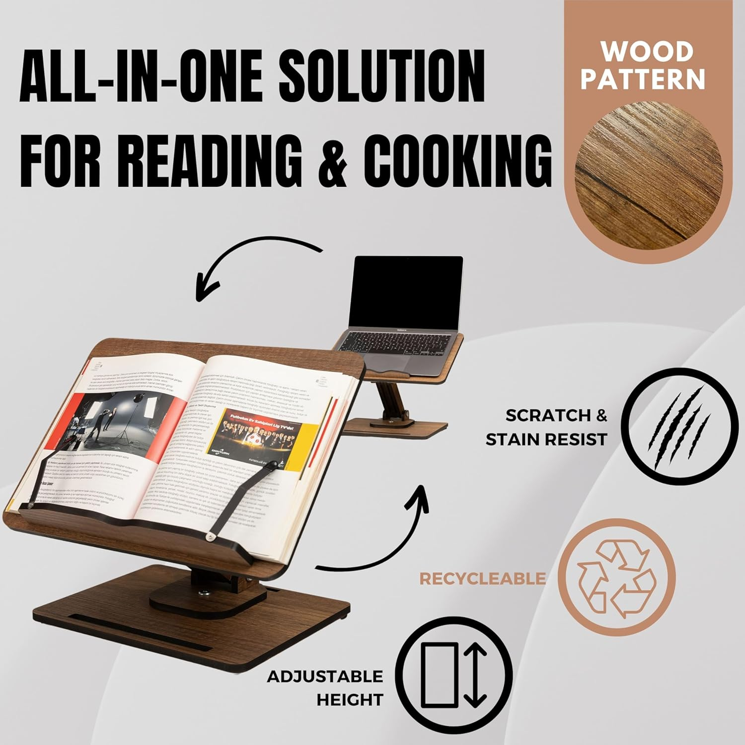 Vigo Wood Book Stand for Reading 360&deg; Adjustable, Wooden Laptop Stand, Cookbooks Holder, Music Scores, Featuring Multi-Height Angles and Foldable Design with Page Clips. image number 3