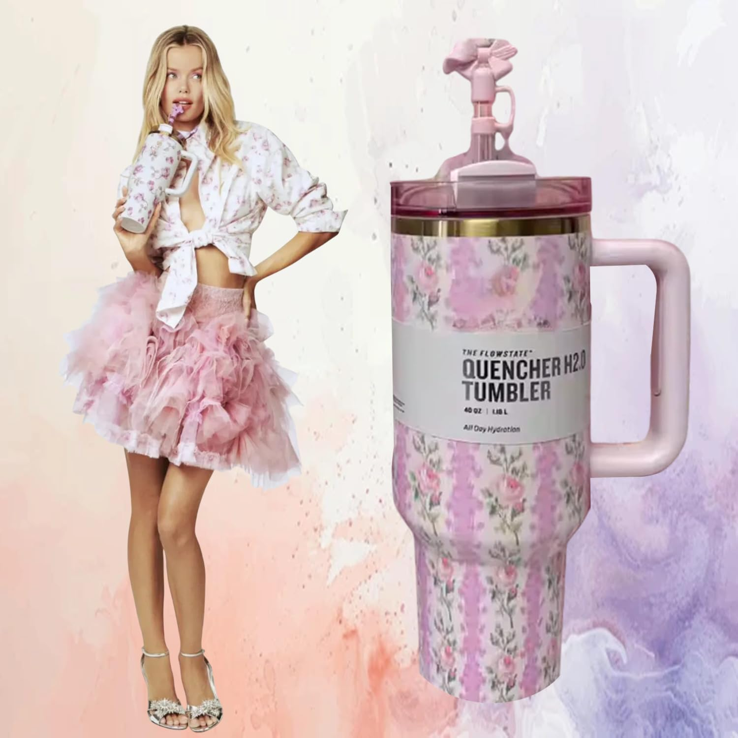 Bliss Gifts & Homewares 40 Oz Floral Insulated Tumblers with Handle & Straw - Stainless Steel, Leak-Proof Lid, Hot & Cold Travel Mug | Love Shake | Gifts for Women & Men (Petal Pink) - Lavender Bloom image number 3