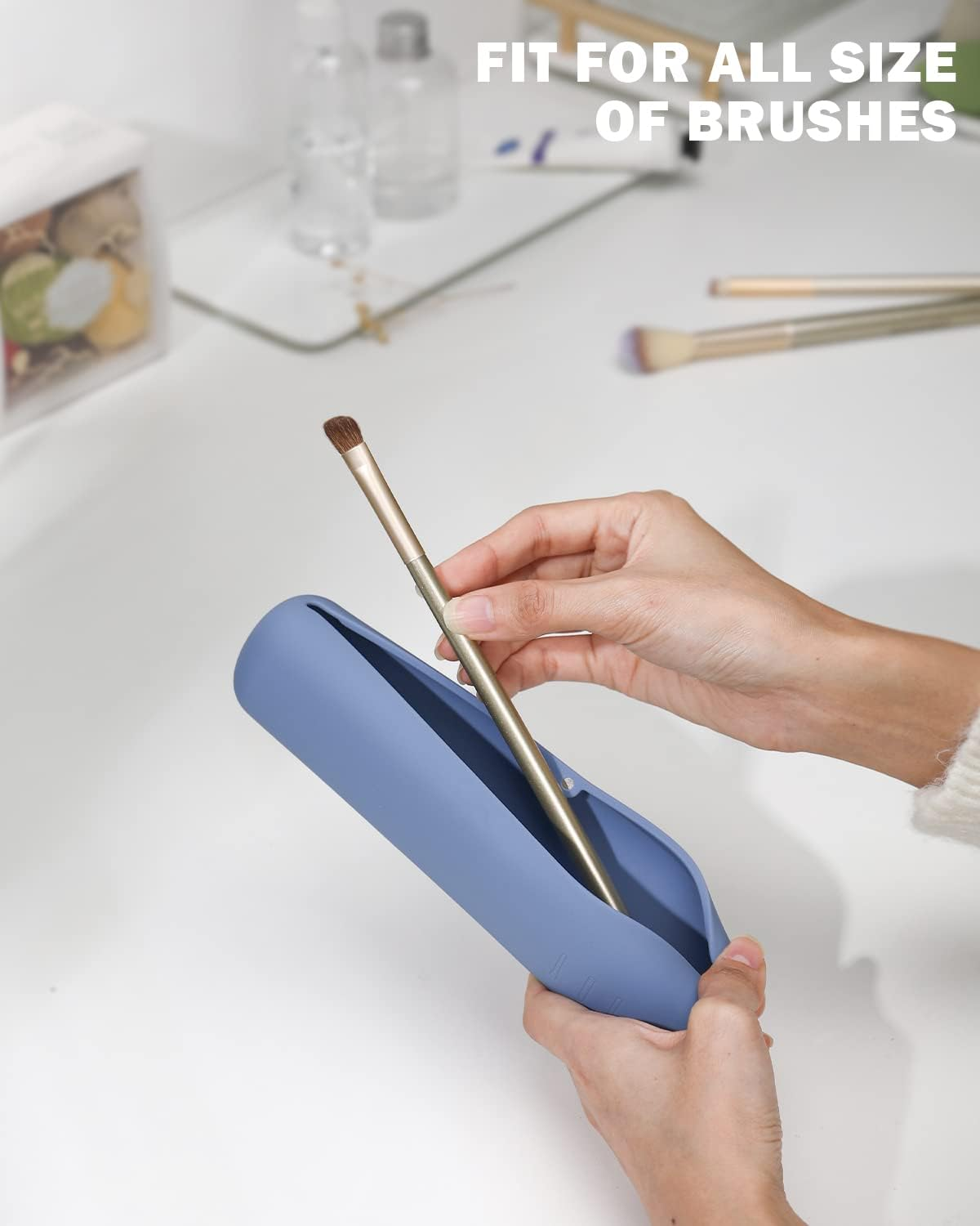 BEZOX Travel Makeup Brush Holder with Strong Magnetic Buckle, Silicone Make up Brush Pouch Case, Cosmetic Brush Mini Bag - Blue image number 6