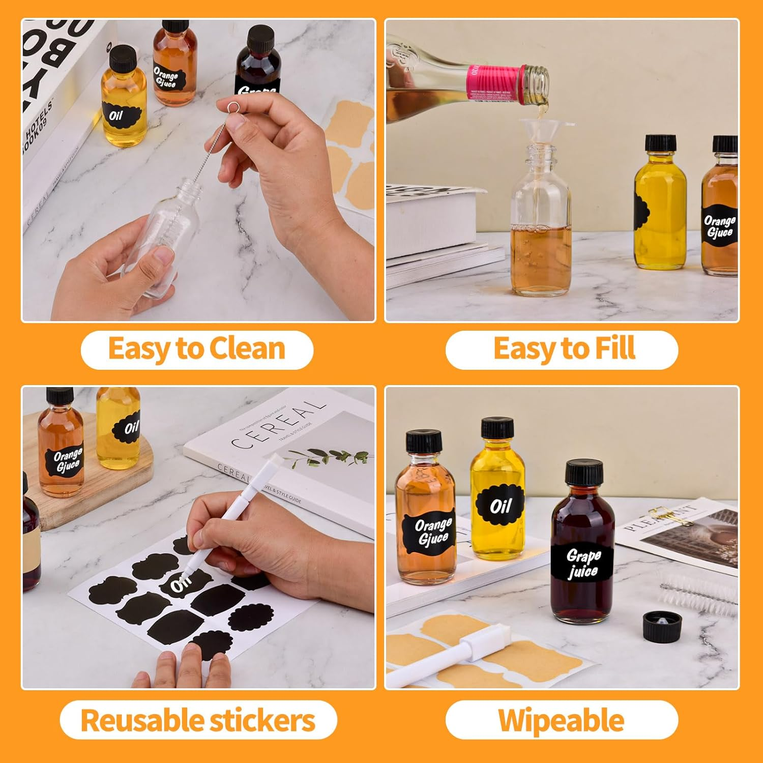 12 Pack 2Oz Small Clear Glass Bottles with Caps, 60Ml Glass Juice Bottles, Wellness Shot Bottles with Funnels, Stickers and Brush, Mini Liquor Bottles for Juice, Water, Ginger, Whiskey, Potion, Sample image number 6