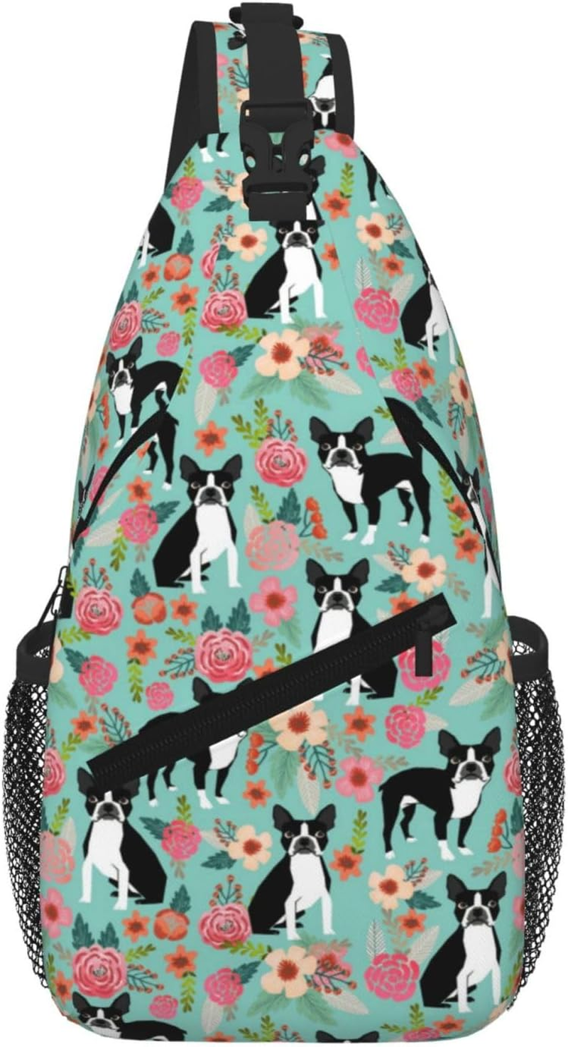 Cozimangoe Sling Bag for Woman and Man Reversible Shoulder Strap Crossbody Backpack Travel Hiking Biking Climbing Outdoors, Personalized Patterns, Boston Terrier with Flowers image number 4