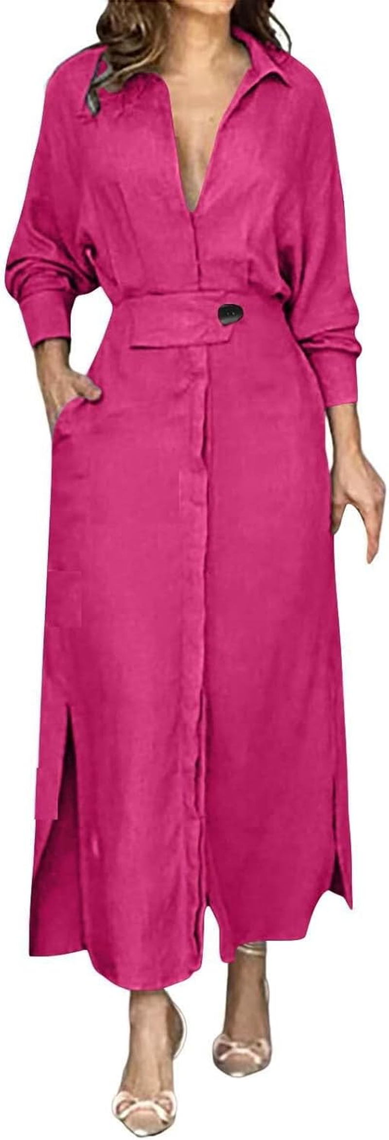 Cute Maternity Dress for Women Cotton Linen Formal Maxi Dress Casual Lapel Long Sleeve Dresses with Pockets V Neck Dresses Flower Pattern Pan Collar Women