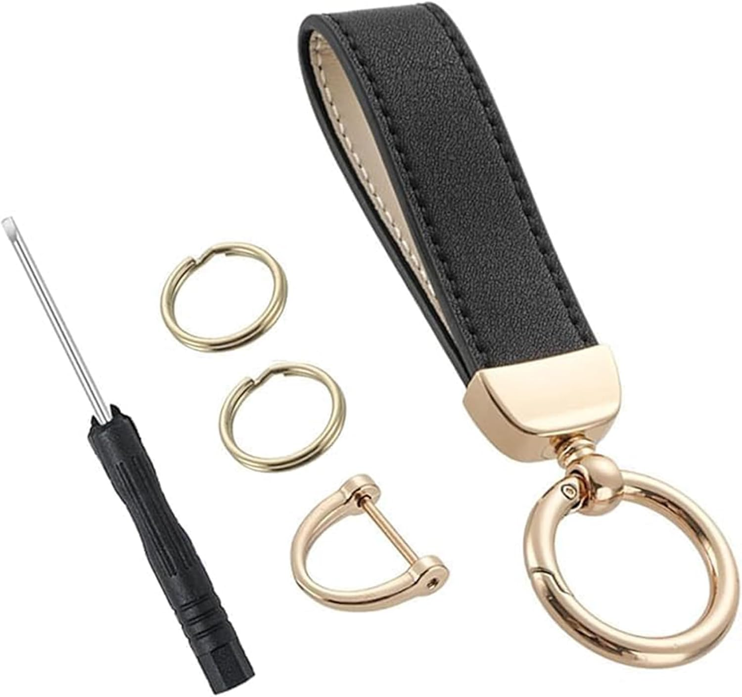 2 Key Ring and 1 Mini Screwdriver，360 Degree Rotatable Leather with Anti-Lost D-Ring，Universal Car Accessories (Black) image number 2