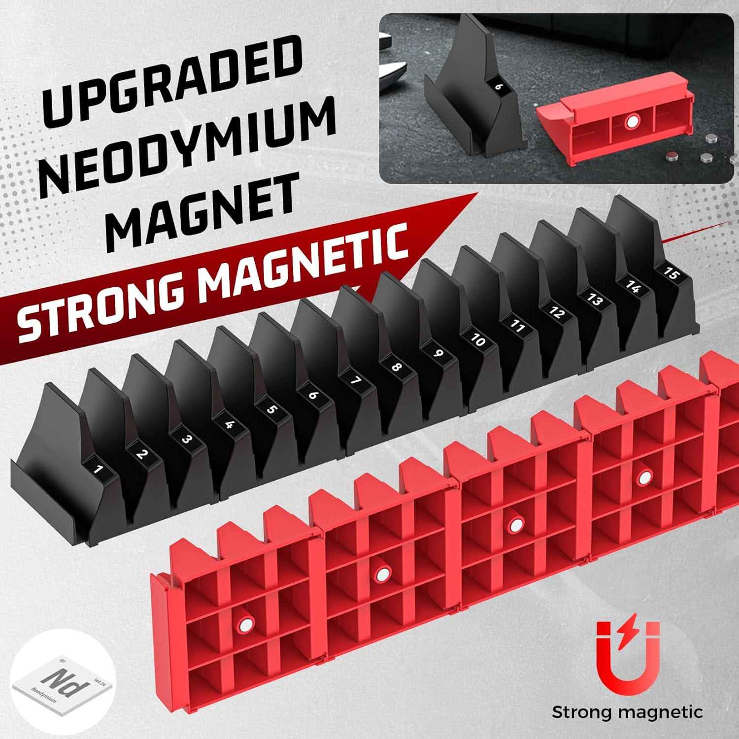 PINOZE 42PCS Magnetic Modular Wrench Organizers for Tool Drawers - Black & Red - Wrench Rack with Metric & SAE Labels, Customizable Magnet Tool Storage Holder for Tool Box Organization image number 1