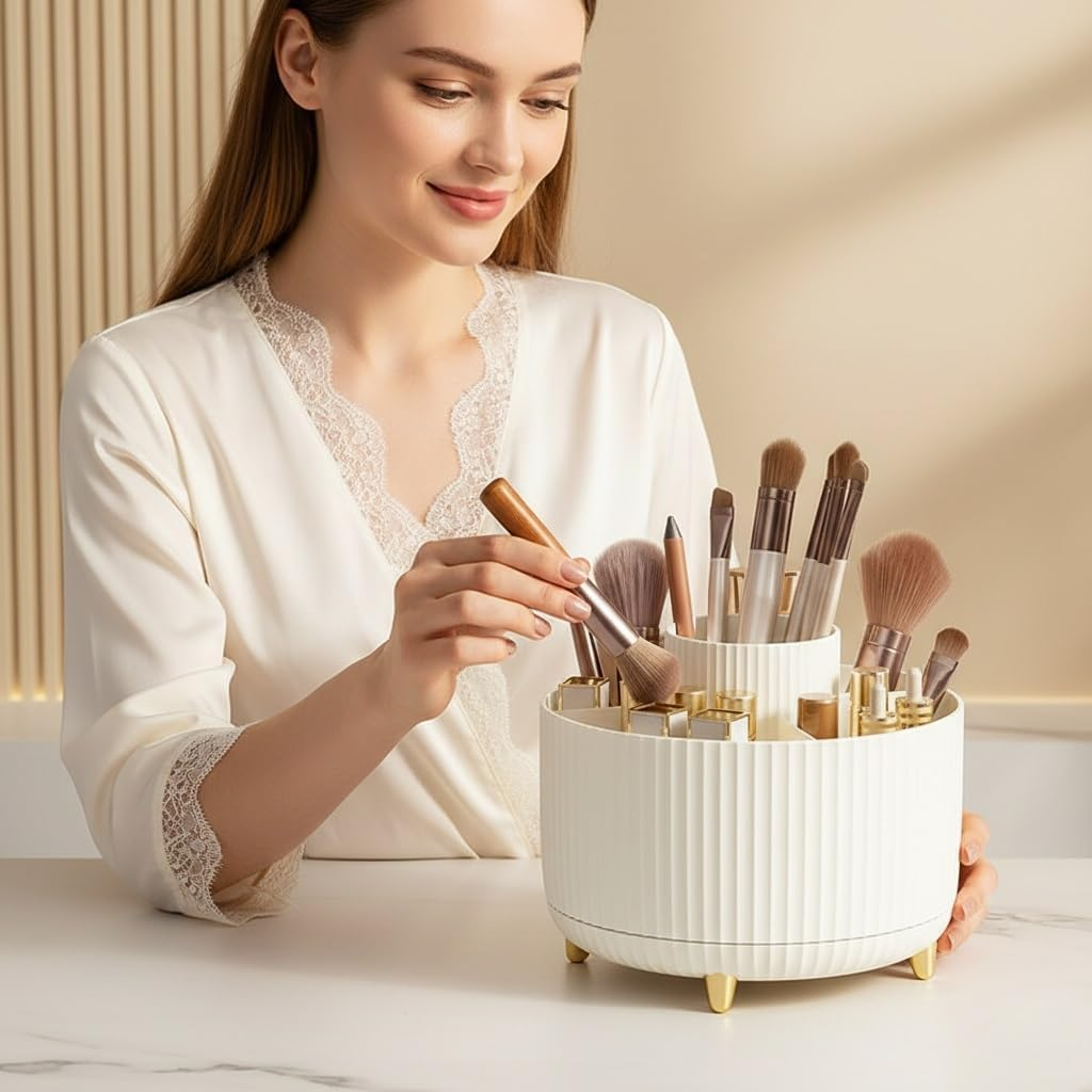 Spinning Makeup Brush Holder, 360&deg; Rotating Makeup Brush Organizer with 5 Slots, Large Capacity Cosmetic Storage Cup for Makeup Brushes, Lipsticks, Nail Polish, Bathroom Vanity Organizer(Pure White) image number 1