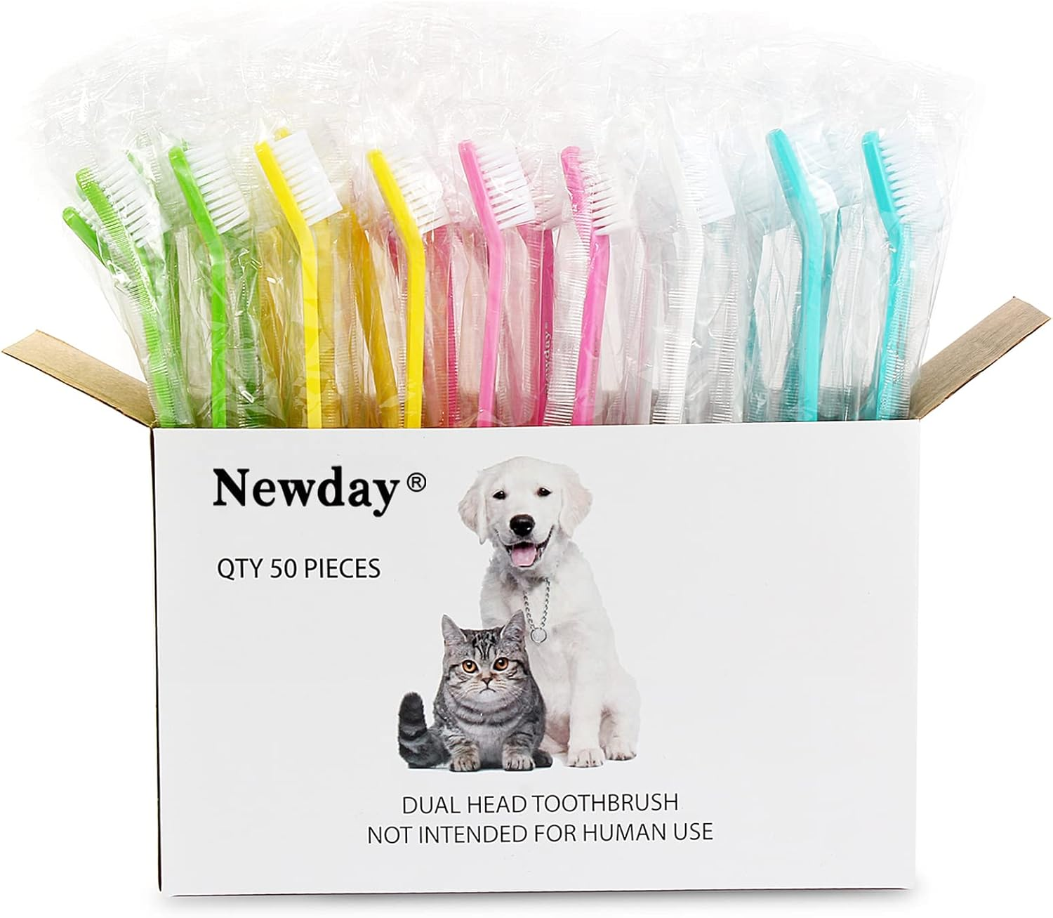 Newday 50 Pack Dual Ended Long Dog & Cat Toothbrush, Pet Safe Super Soft Bristles for Pet Dog Puppy Kitten Dental & Oral Care Teeth & Gums, Pet Toothbrushes in Box, Bulk Individual Polybag (Colorful)