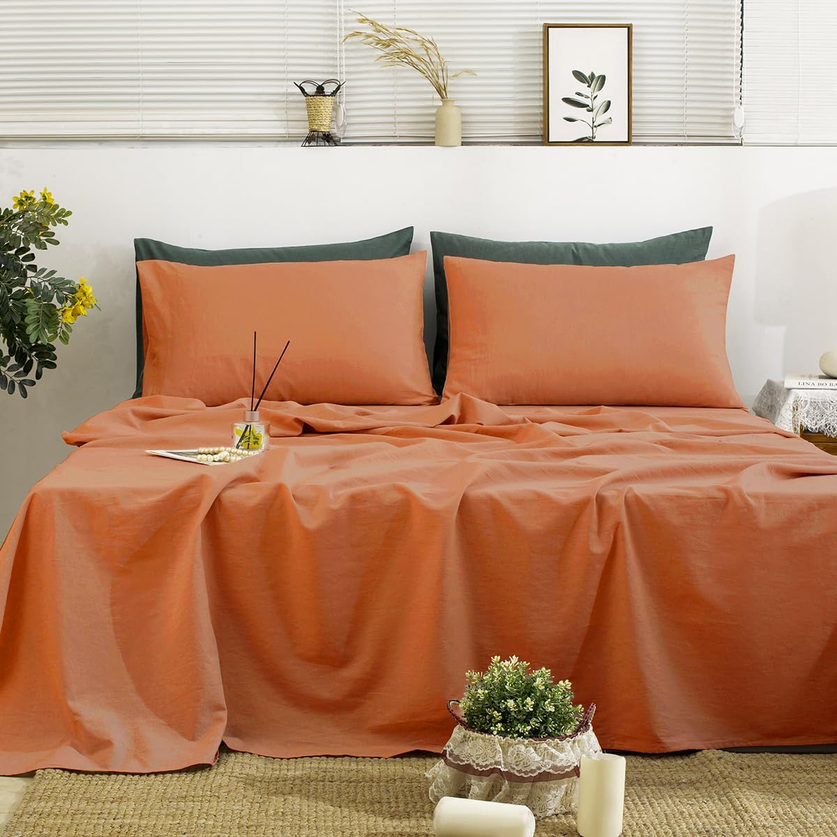 TUMEI 4 Pieces 100% Stonewashed French Linen Bedding Sheets Set, 16" Deep Pocket, 1 Fitted Sheet & 1 Flat Sheet & 2 Pillowcases, Solid Color, Soft & Comfortable (Natural Color, Queen Size) image number 3