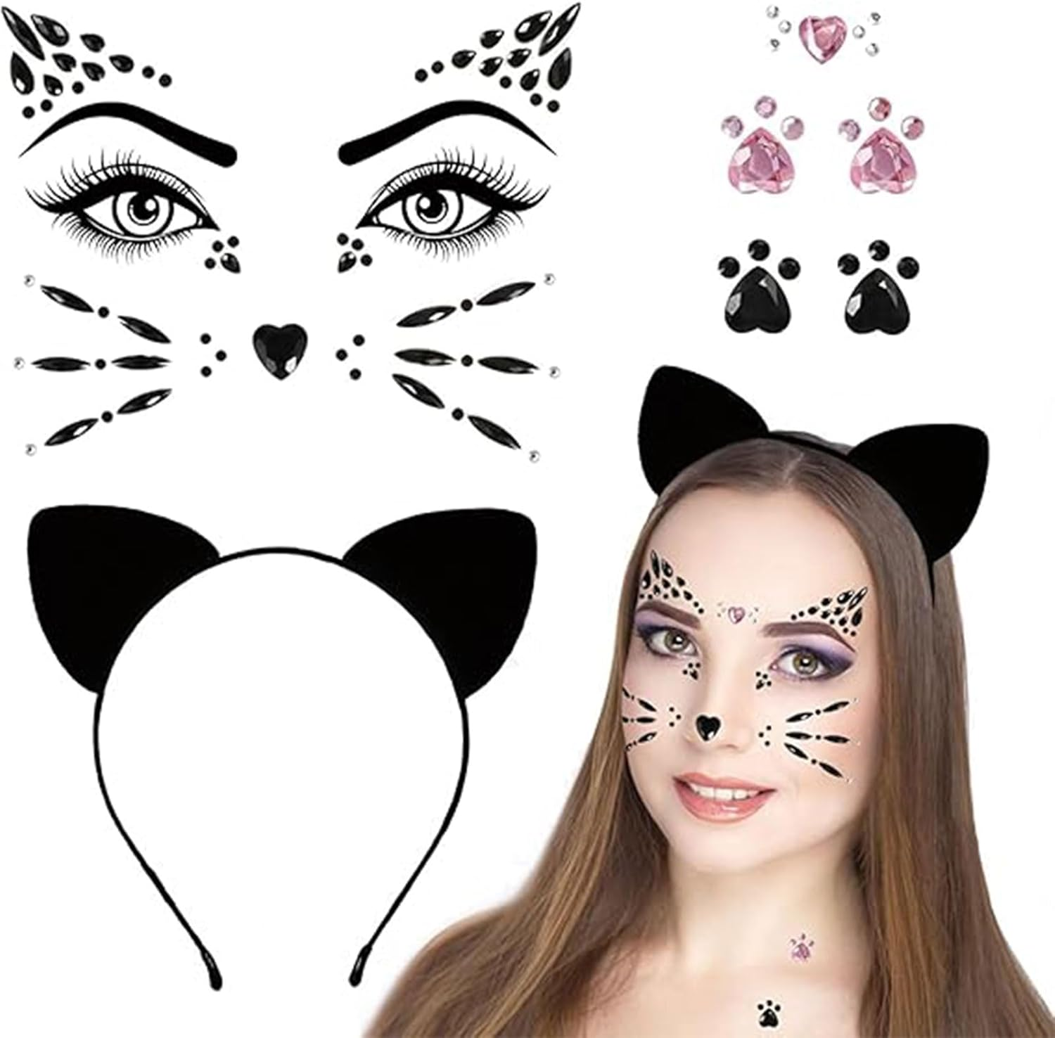 Muorruo 3-Piece Cat Ears Headband Set with Face Jewels, Costume Accessories for Adults, Makeup, Cosplay, Party Accessories image number 1