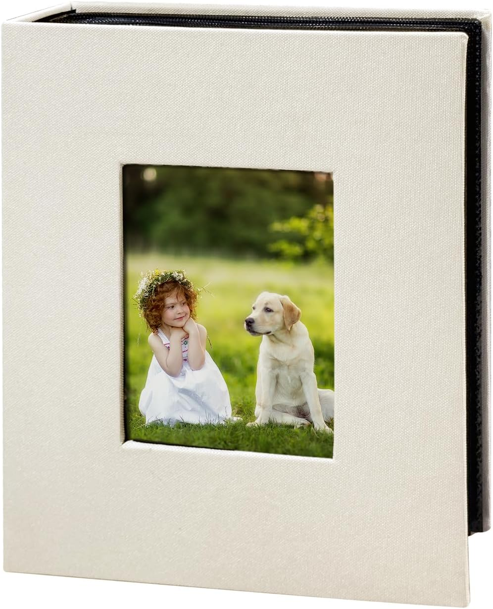 Photo Album 4X6 with 200 Pockets, Slip-In Picture Albums, Linen Cover Memory Book with Front Window, Black Page Vertical Photo Book for Wedding, Family, Anniversary, Baby, Vacation(Beige)