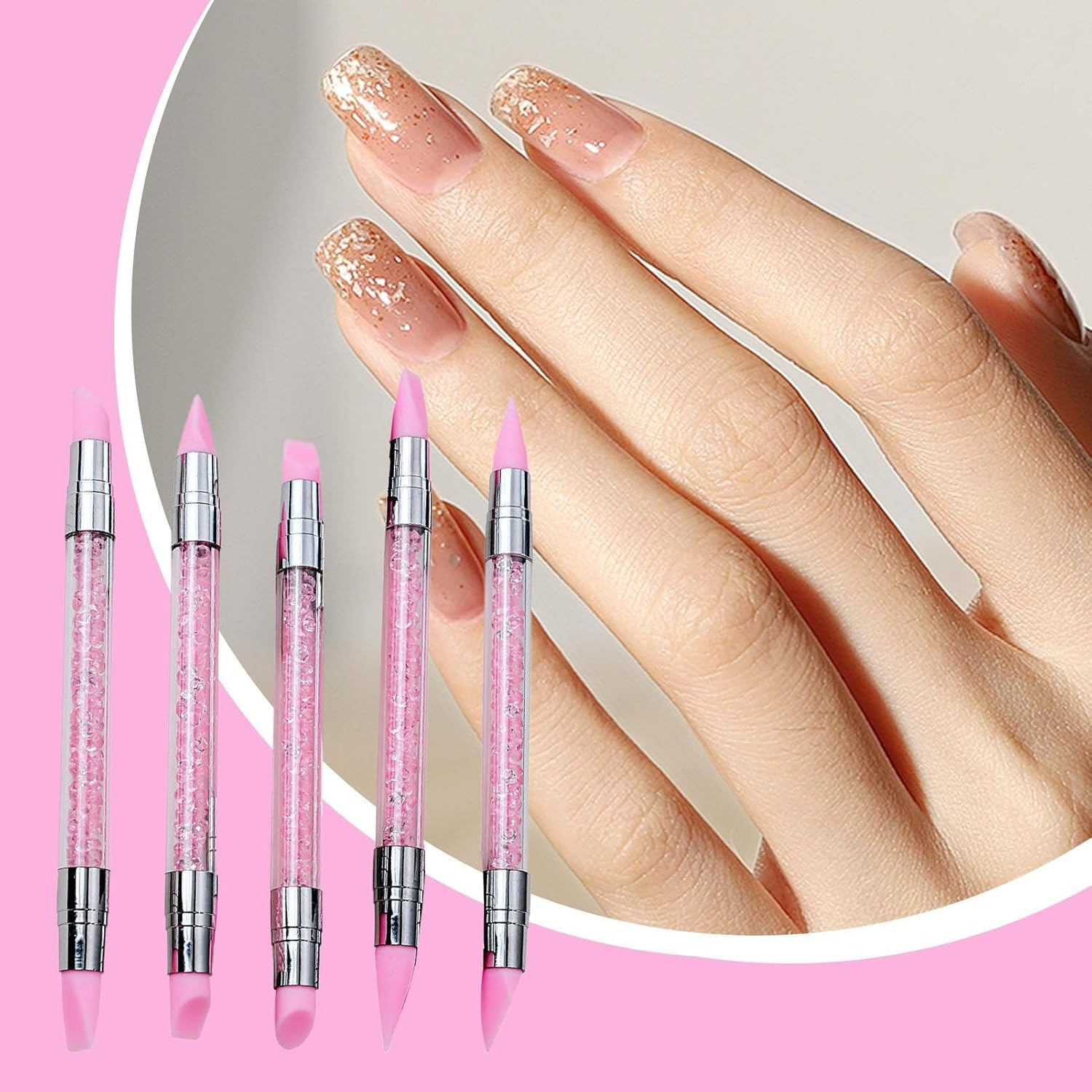 Silicone Nail Brush - Nail Polish Tool with Double Ends and Crystals, Easy to Grip for Modeling Nails Work and School