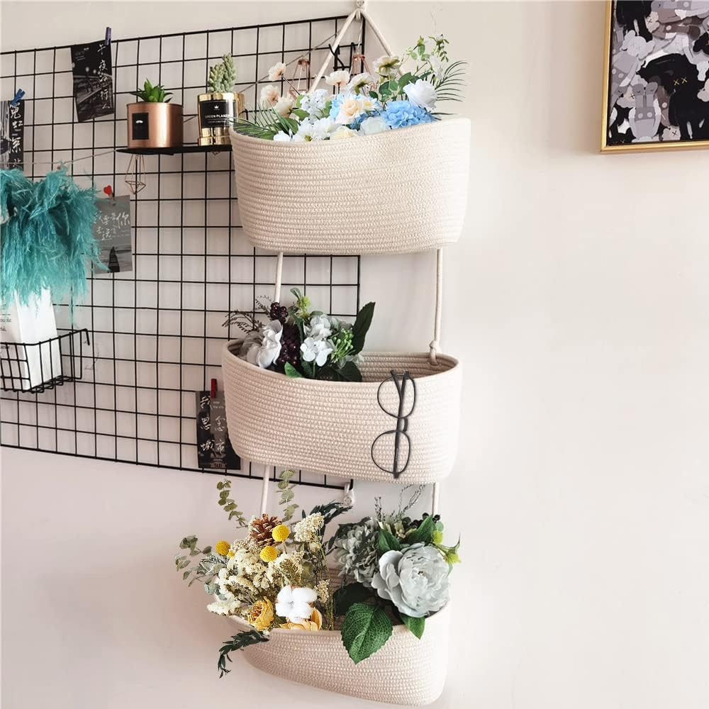Teokj over the Door Hanging Baskets, 3-Tier Woven Cotton Storage Organizer Bag with Hooks Wall-Mounted Decorative Nursery Kitchen Baskets - White