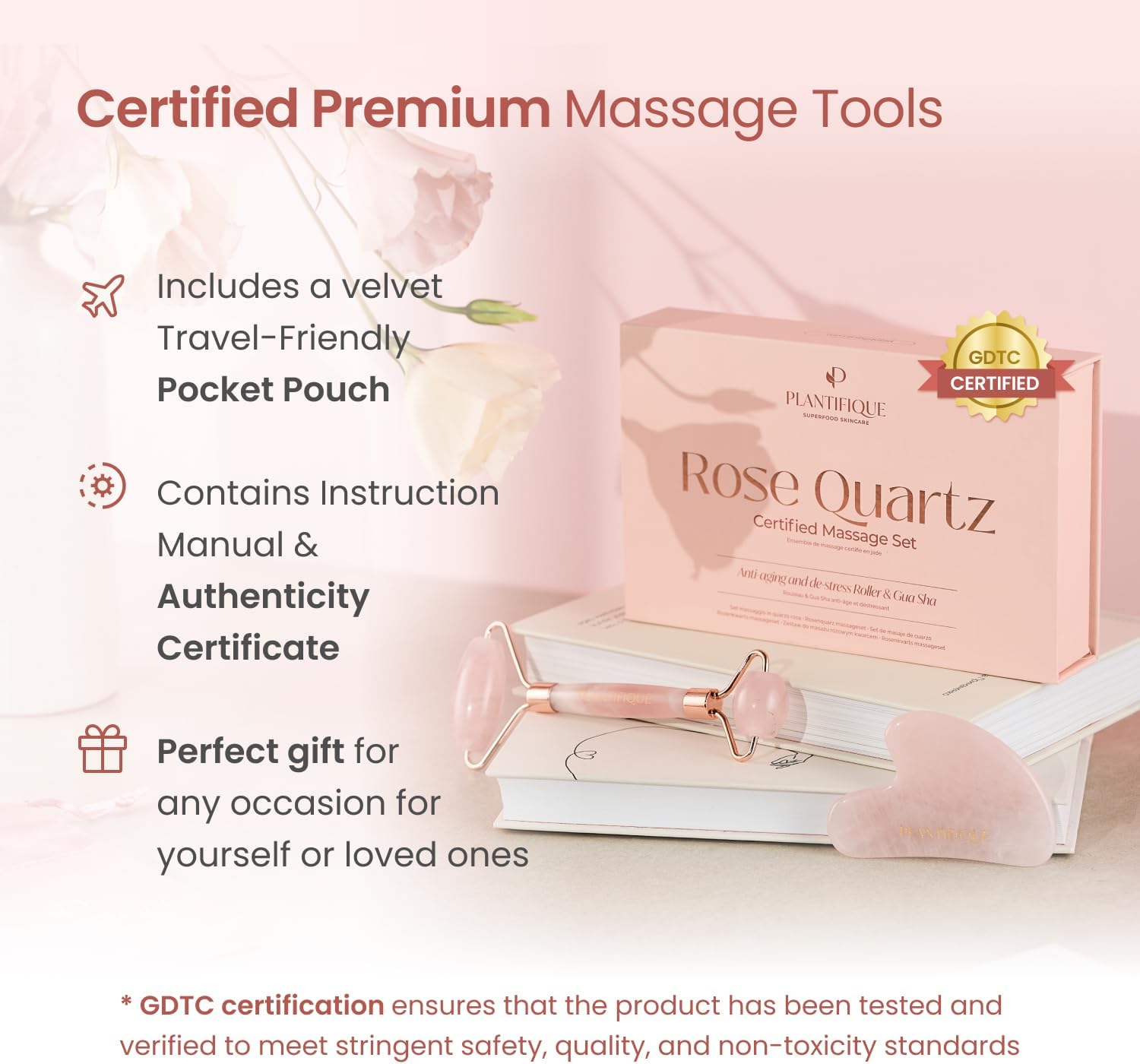 PLANTIFIQUE Face Roller and Gua Sha Rose Quartz Certified | Gifts | Guasha Tool for Face | Jawline Shaper | Your Skin Care Routine image number 2