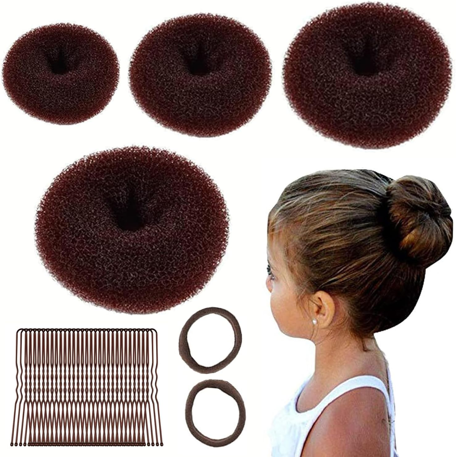 4-Piece Doughnut Hair Bun Maker Set with 2 Elastic Hair Bands, 30 U-Shaped Hair Clip, Hair Pin, Bun Cushion, Bun Maker for Children, Girls, Women (Brown 2) image number 3