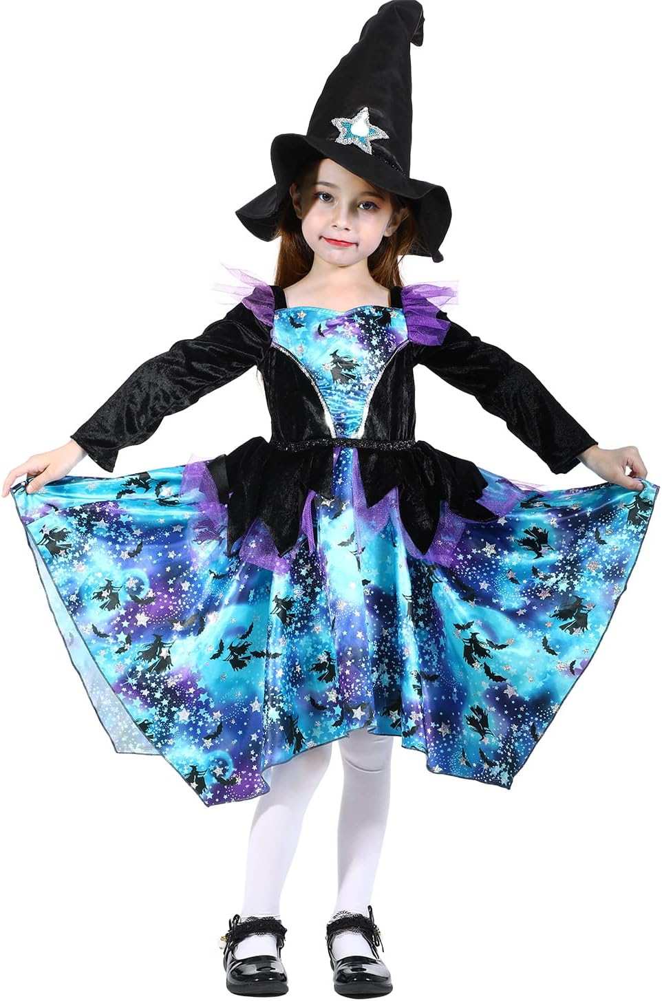 Children'S Halloween Witch Costume, Sparkling Blue Witch Dress with Hat, Halloween Witch Dress for Girls 7-8 Years