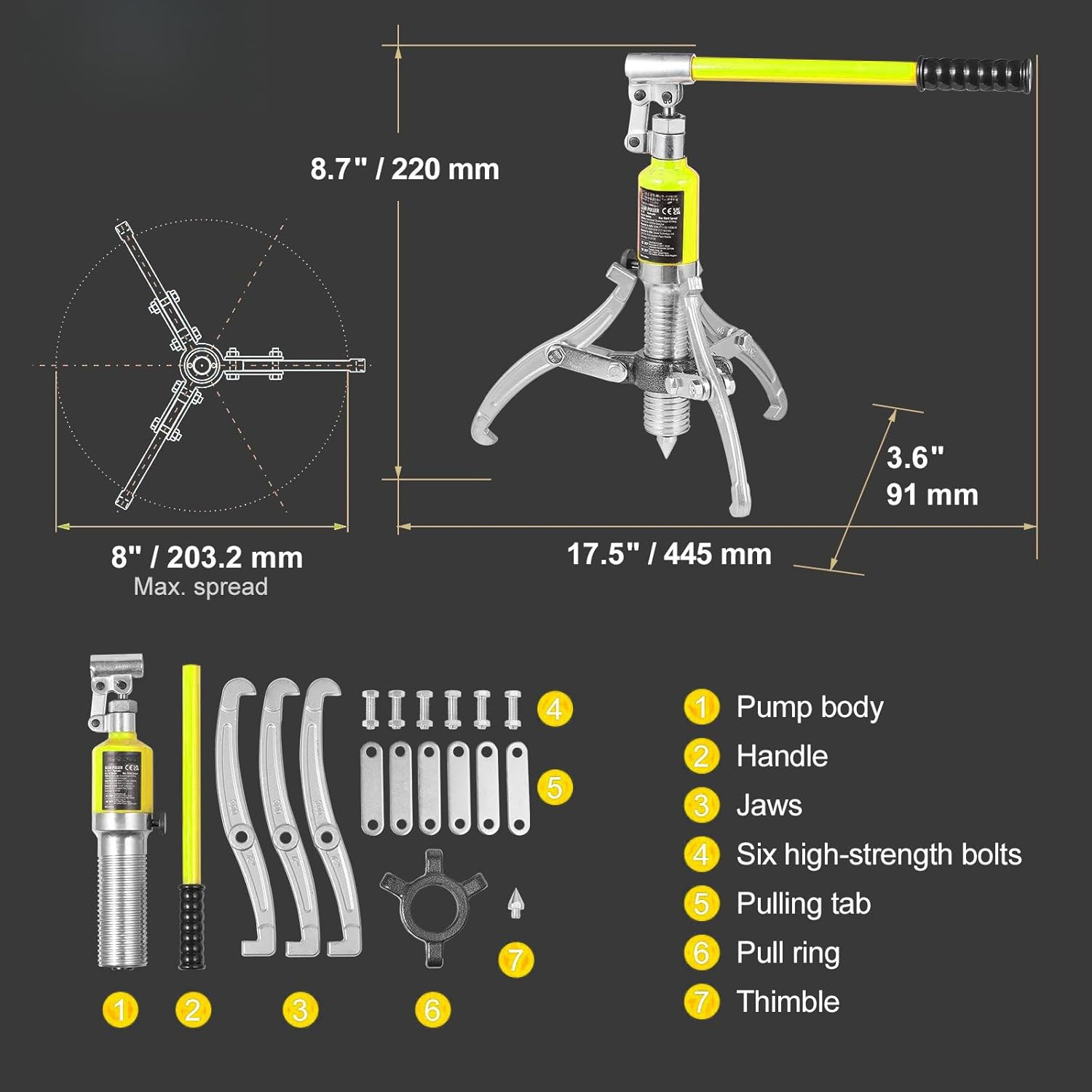 Hydraulic Gear Puller, 5 Ton Max Capacity Wheel Bearing Pulling Separator, 2 or 3 Jaws Puller, Vertically and Horizontally, 8" Jaw Hydraulic Puller with Case for Pulling Hubs image number 6