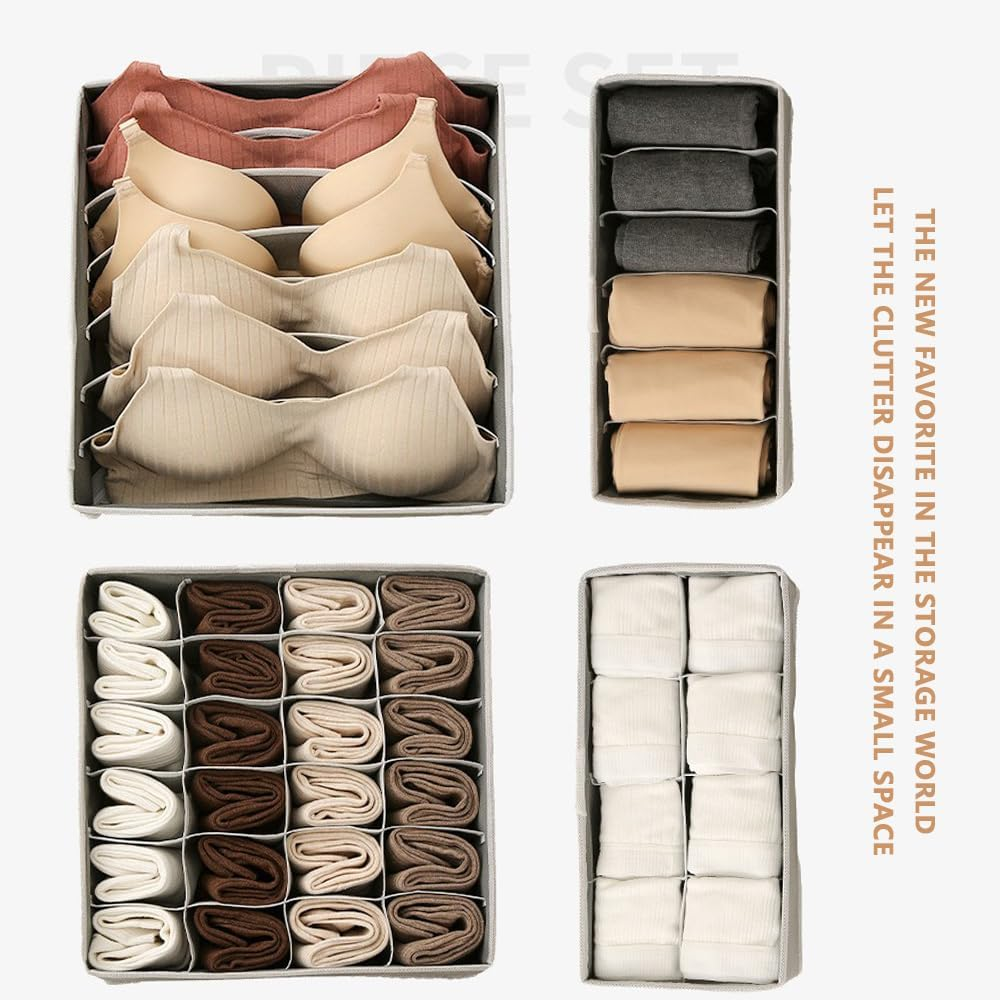 4-Pack Foldable Fabric Drawer Organizers &ndash; Closet Storage Dividers for Underwear, Socks, Baby Clothes, Ties, Bras & Scarves &ndash; Dresser Drawer Bins for Nursery, Bedroom (Grey) image number 5