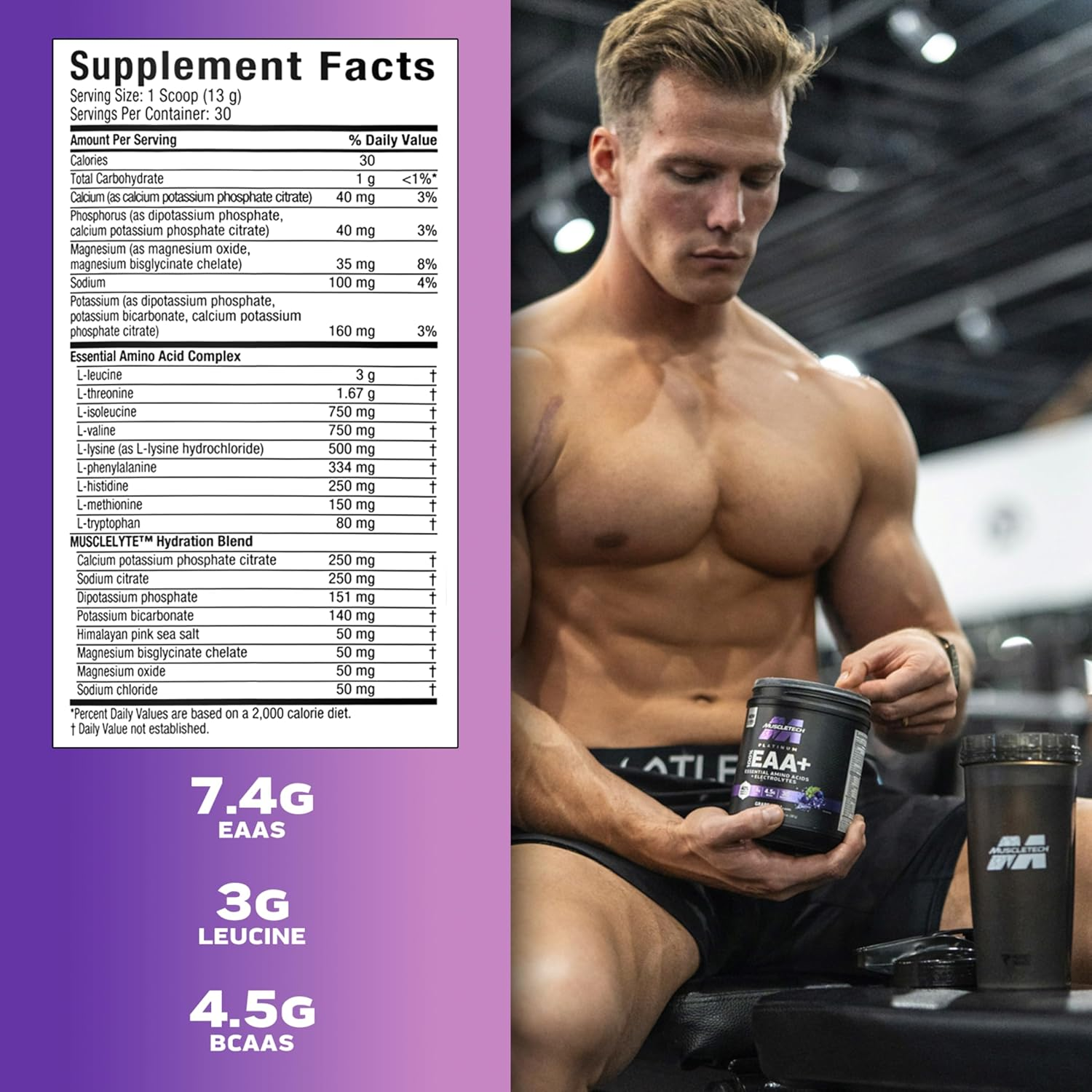 Muscletech | Platinum 100% EAA+ |Essential Amino Acids | Muscle Strength Builder for Men & Women | Workout Supplement | Grape | 13.6 Oz | 30 Servings image number 4