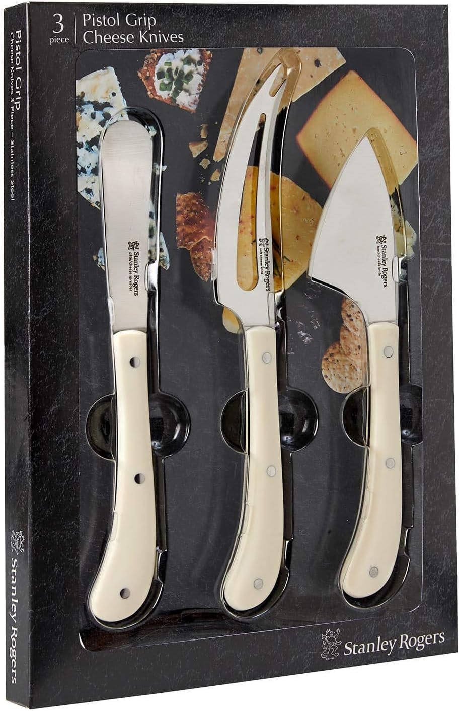 Stanley Rogers Pistol Grip Cream 3 Piece Cheese Knife Set with Soft Cheese Knife, Hard Cheese Knife and Spreader, Cream ABS Handle, Satin Finished Blades, Gift Box