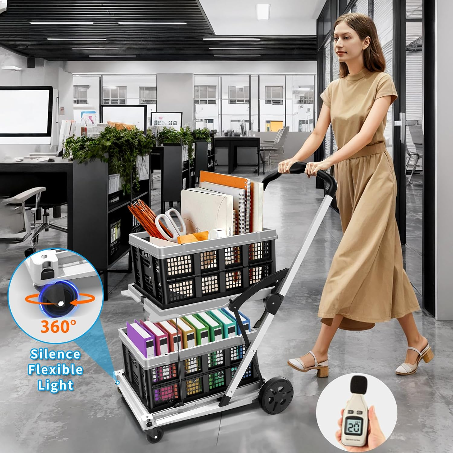 SNSUTY Folding Shopping Cart, 30 19 44 In, 200 Lbs Multi Functional Collapsible Carts with 2 Storage Crates, Folding Trolley with Wheels, Double Layer Portable Trolley for Supermarket, Office（Gray） image number 3