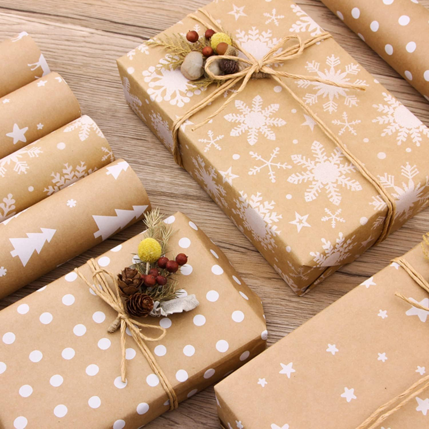 Christmas Wrapping Paper Set - 5 Mini Rolls, Recyclable Gift DIY Wrapping Paper with Flax Strings and Tape - for Birthdays, Christmas, and All Occasions Gift Wrapping Paper Roll,17"X40" image number 5